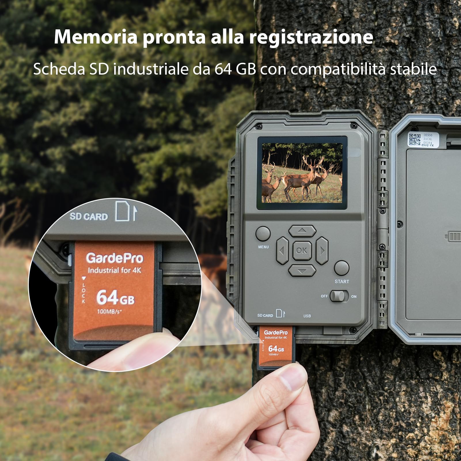 GardePro E5 2.0 Fototrappola 4K con Scheda SD 64GB, 64MP Foto Trappola per Animali con Attivazione 0,1s, Visione Notturna senza Bagliore 30m, Fototrappola Notturna a Rilevamento di Movimento