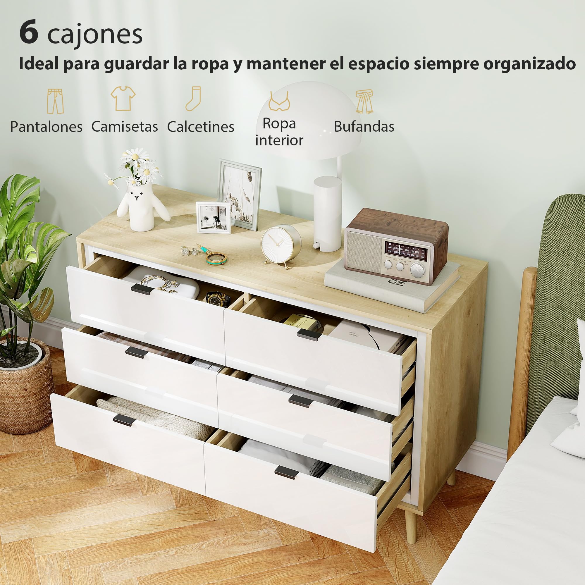 HOMCOM Cómoda 6 Cajones con Frente de Blanco Brillo 110x40x75 cm Roble | Cómoda Dormitorio con Patas de Madera, Cajonera para Salón, Oficina, Estilo Moderno