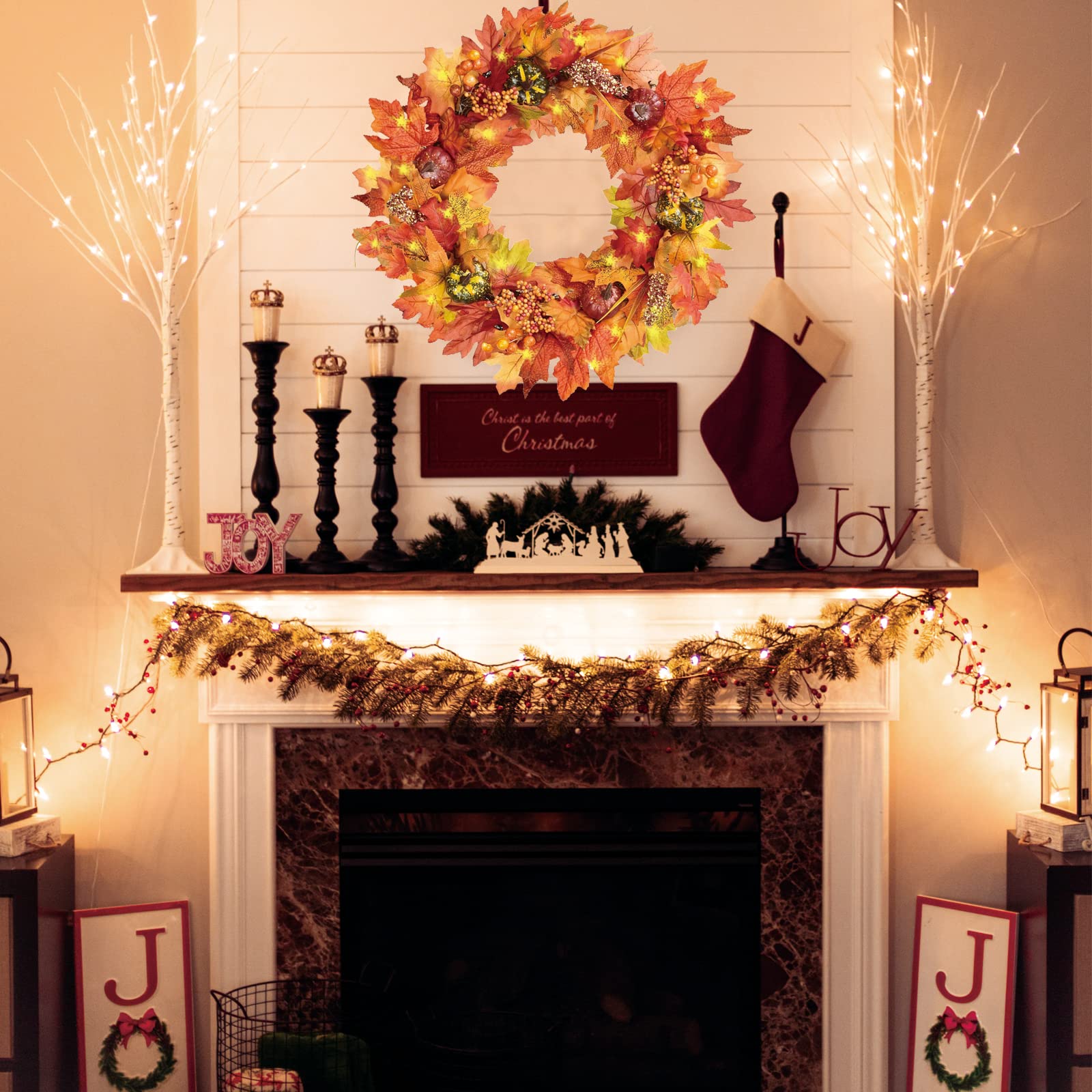 Couronne Automne 40cm Couronne Halloween Porte Guirlande d'automne Artificielle avec Lumières LED Feuilles d'érable et Citrouille Decoration Automne Interieur Exterieur Halloween Thanksgiving Noël