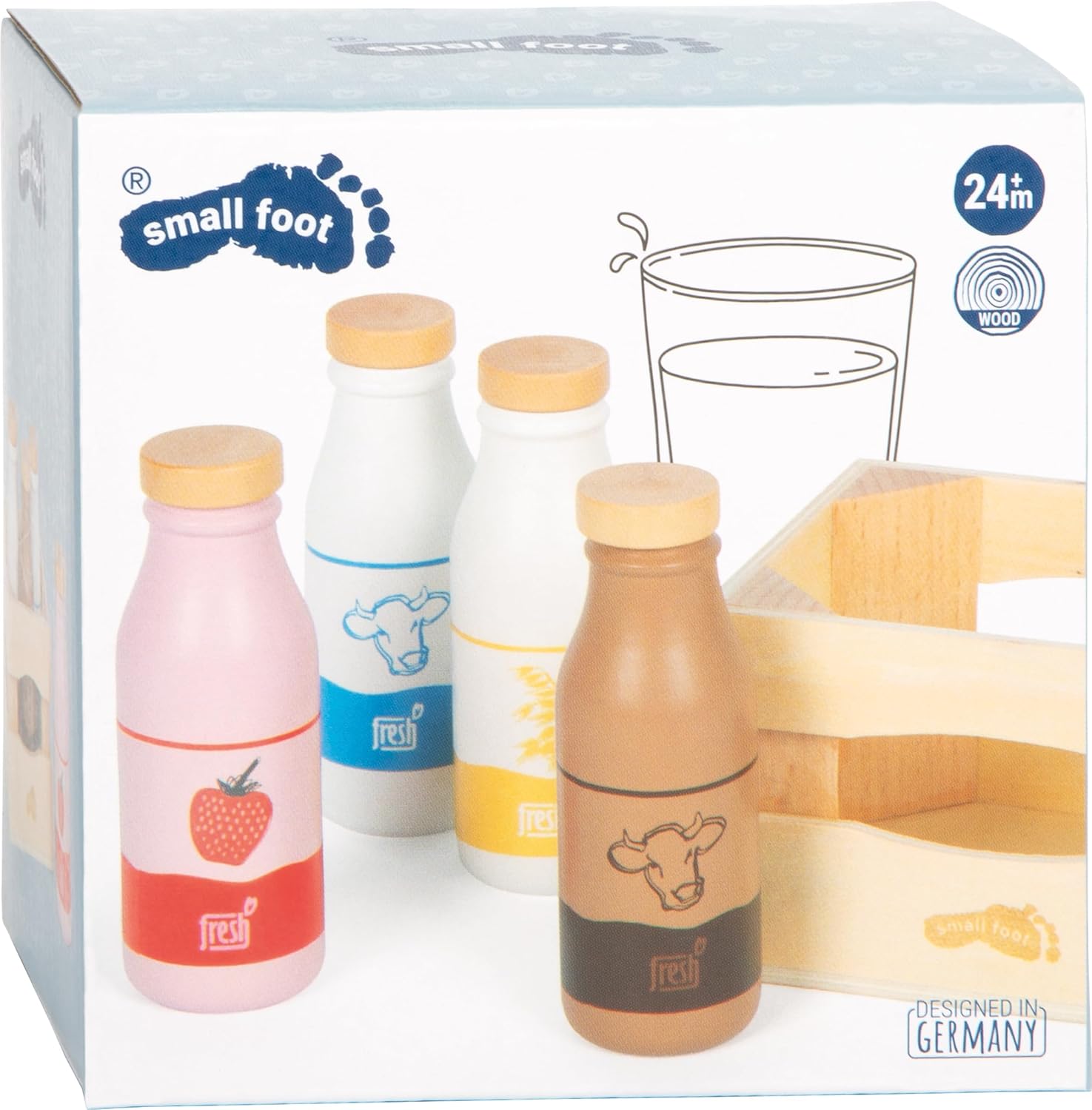 small Foot Crate of Milk Drinks "Fresh", Four High-Quality Wooden Bottles with Different Types of Milk, Includes Wooden Box, Merchant Shop Accessories, for Children from 3 Years, 12820