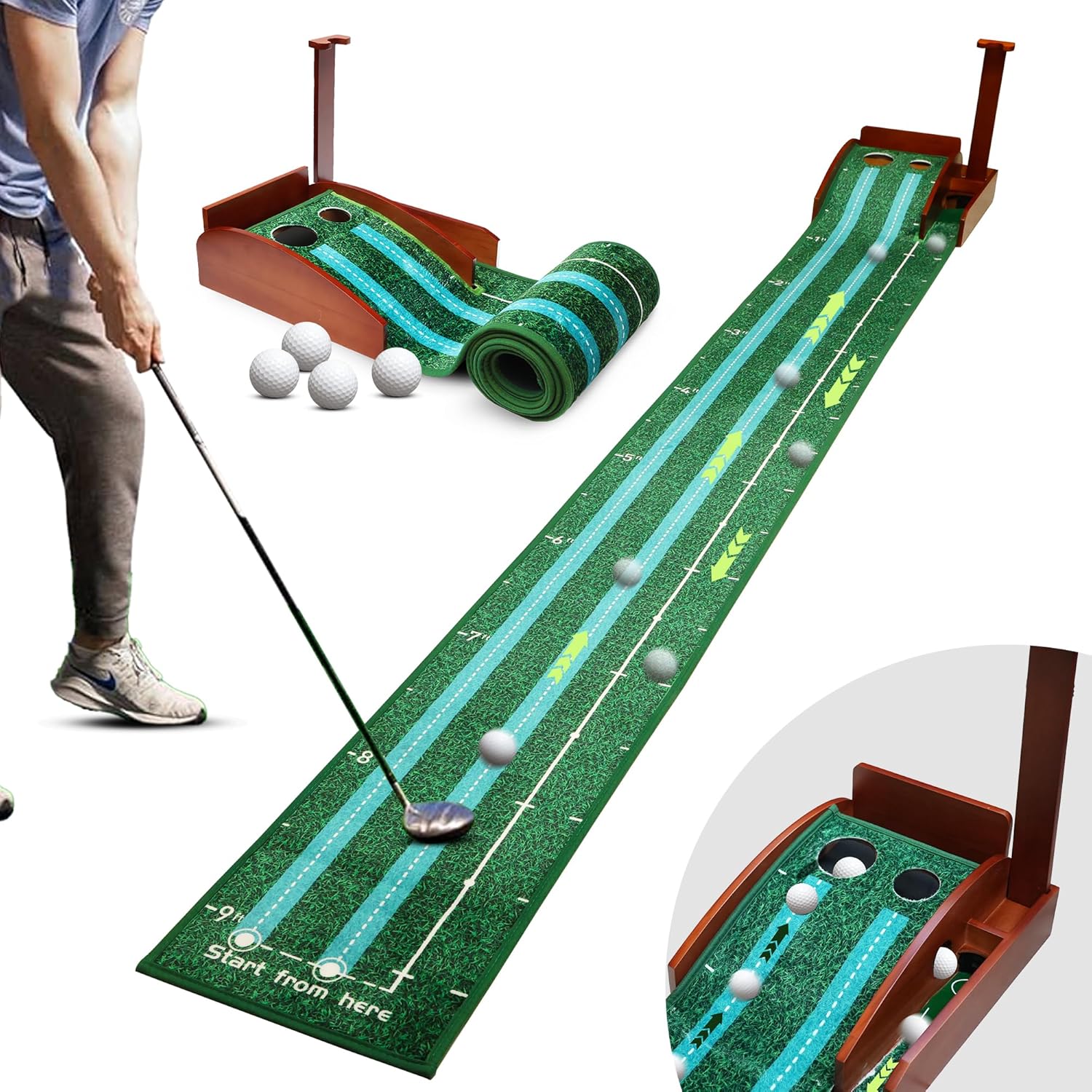Indoor Putting Green with Motorized Ball Return, Wood Base, and Wrinkle-Free Velvet - Ideal for Golf Enthusiasts and Home or Office Use.