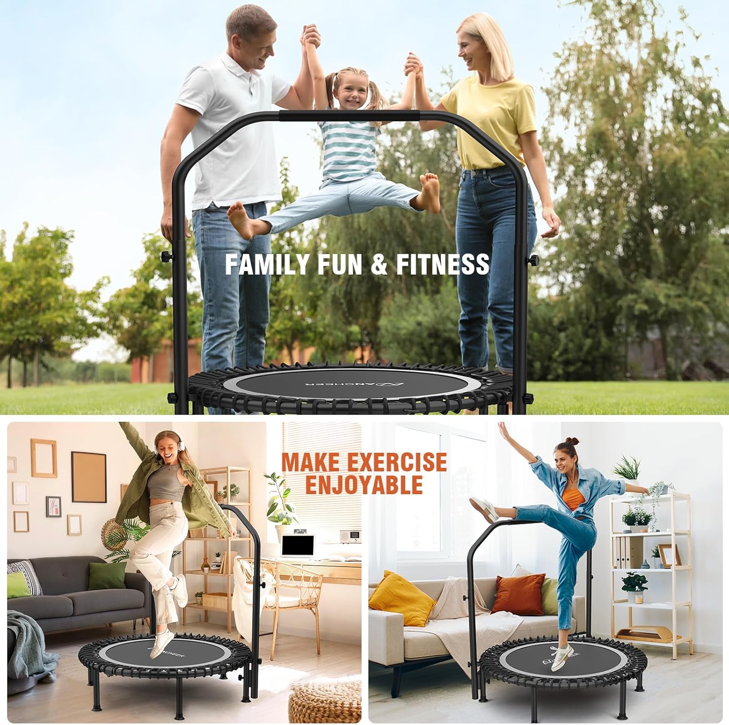 Bungee Rebounder Trampoline, ANCHEER 40" Foldable Fitness Trampoline with Resistance Ropes&Upgraded Bungees, 4 Level Adjustable Handlebar, 450LBS Capacity, Safe for Home/Cardio,Indoor/Outdoor
