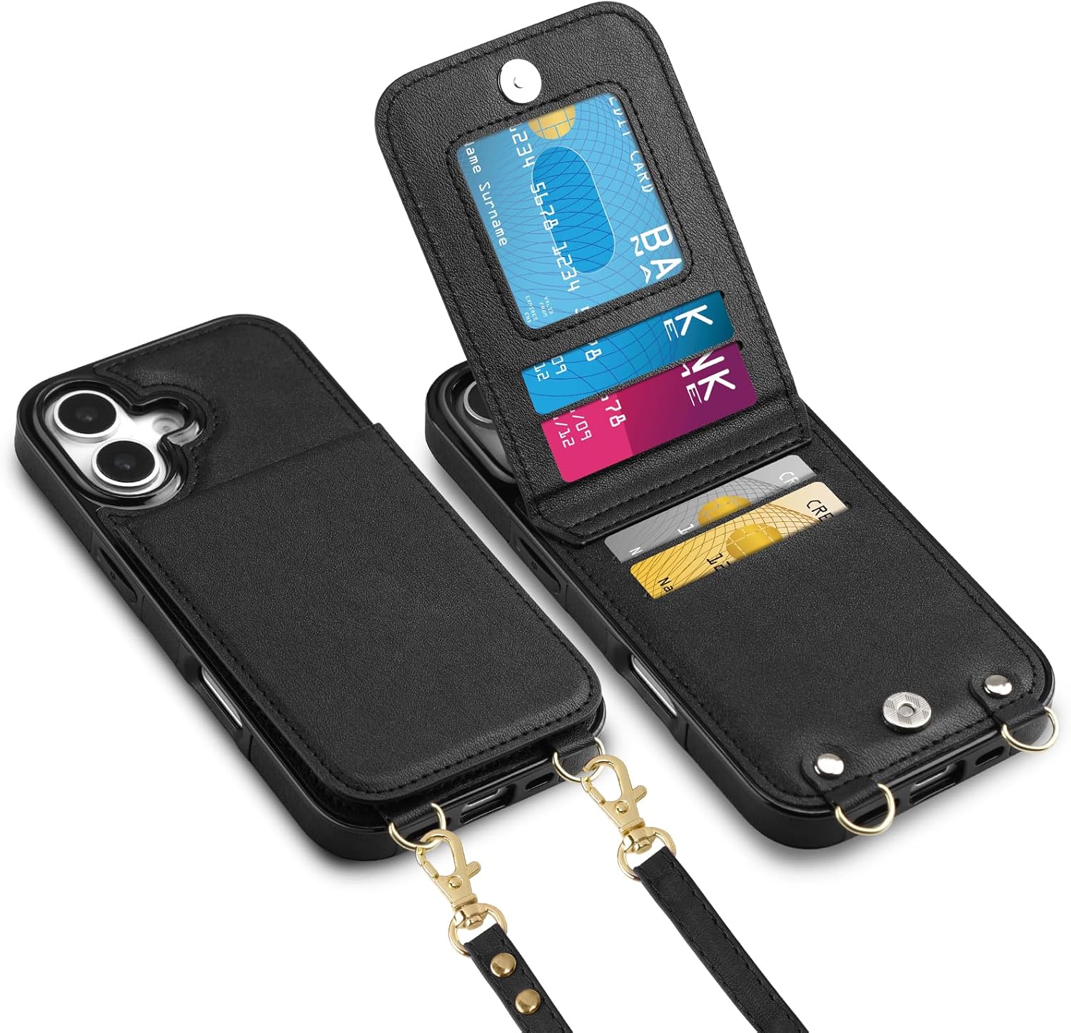 Vofolen for iPhone 17 Wallet Case with Card Holder Crossbody Adjustable Strap Magnetic Clasp Heavy Duty Protective Leather Flip Phone Cover for i Phone 17 for Women, Black