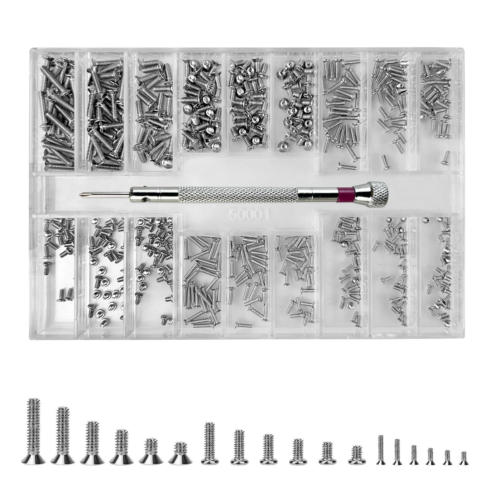 Diompirux 500 Pezzi Micro Viti con Cacciavite, Set di Mini Viti Autofilettanti, con Testa a Croce Tonda, 18 taglie di viti, per riparazione di occhiali, orologi, laptop, piccoli prodotti elettronici