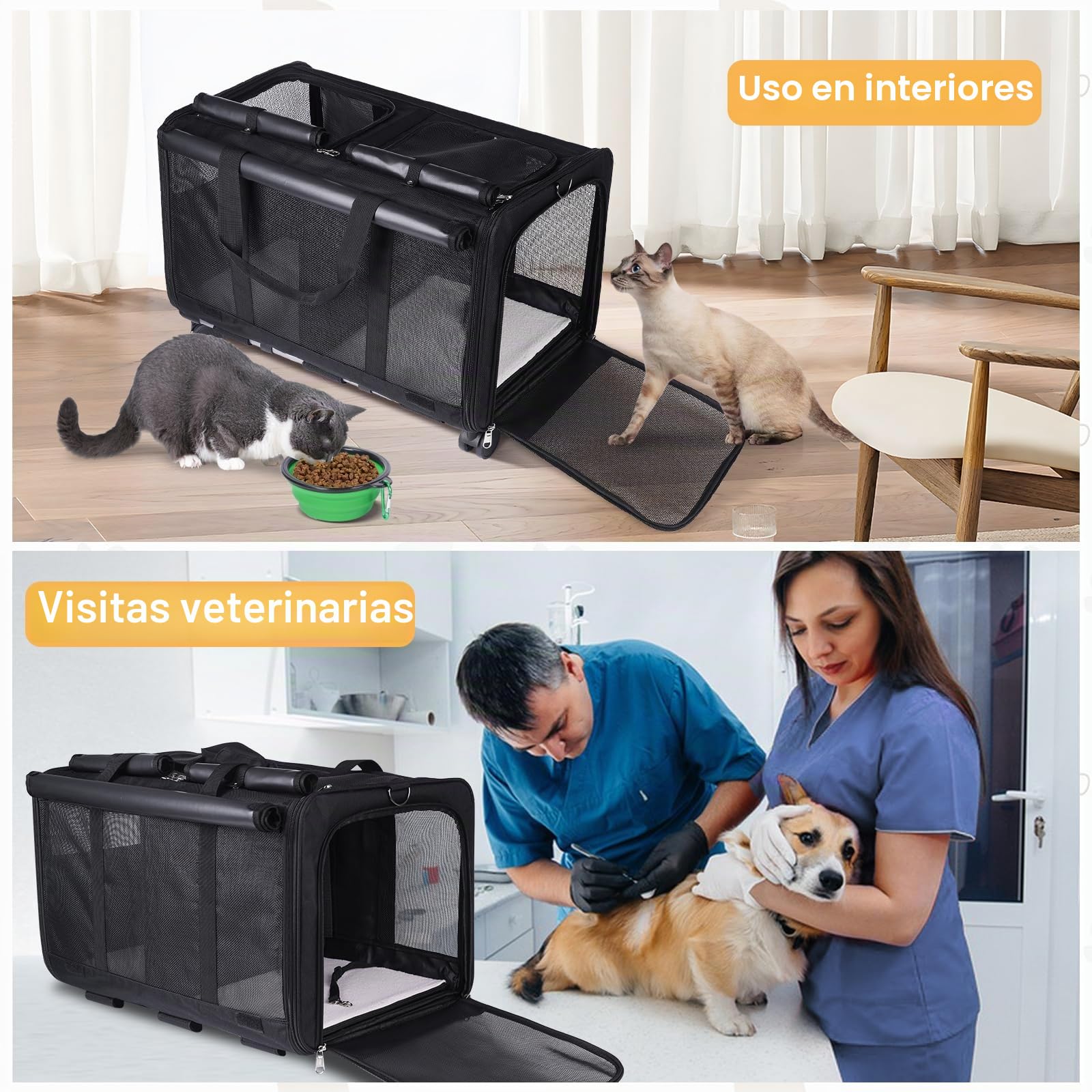 Portamascotas extragrande con dos compartimentos y ruedas desmontables para gato/perro, transportador plegable para 2 gatos, bolsa de viaje para paseo/camping (negro)