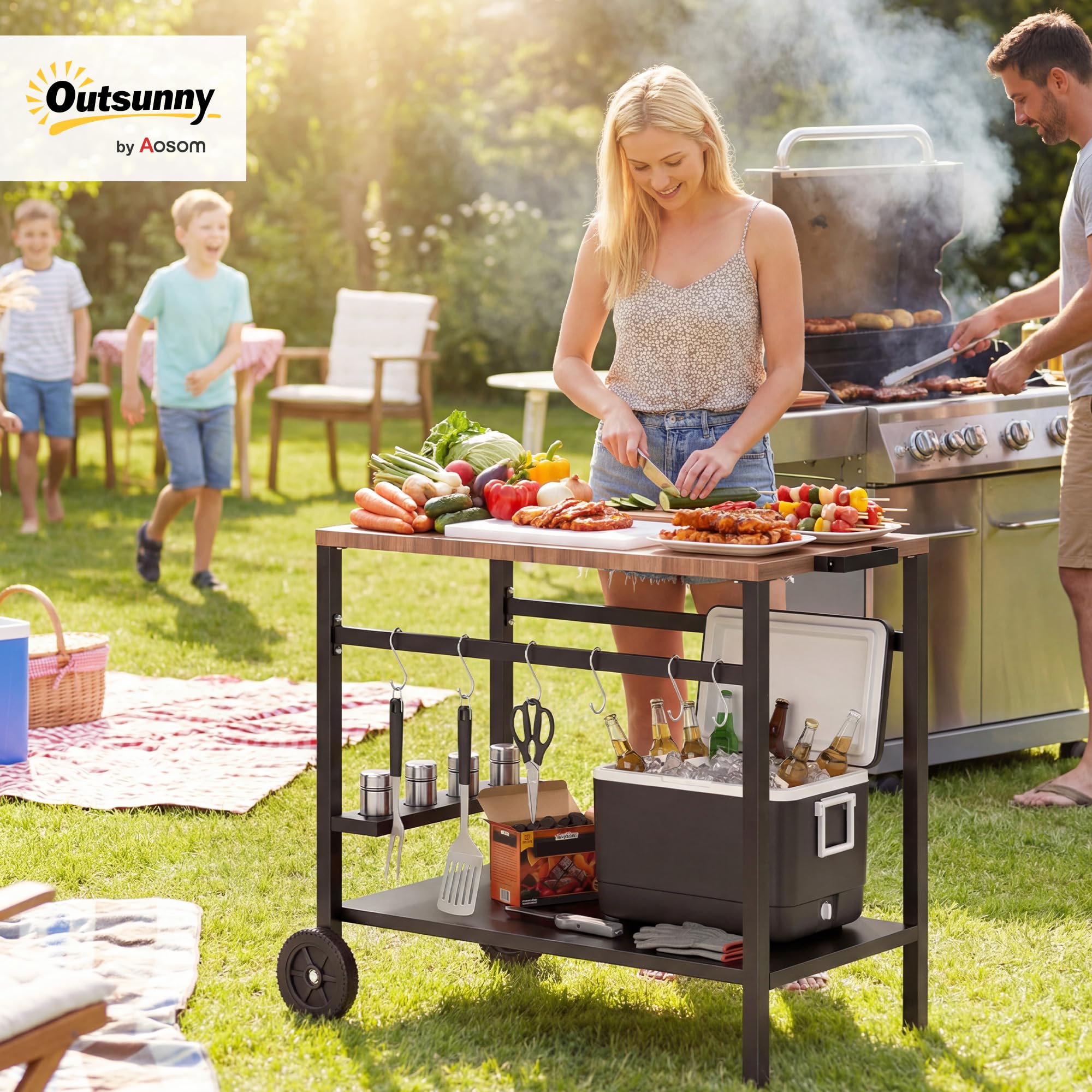Outsunny Carrito de Barbacoa de 2 Niveles Mesa Auxiliar para Barbacoa Móvil con Ruedas Portabebidas Ganchos Asa Encimera Imitación Madera Mesa de Horno de Pizza para Exterior Negro y Marrón
