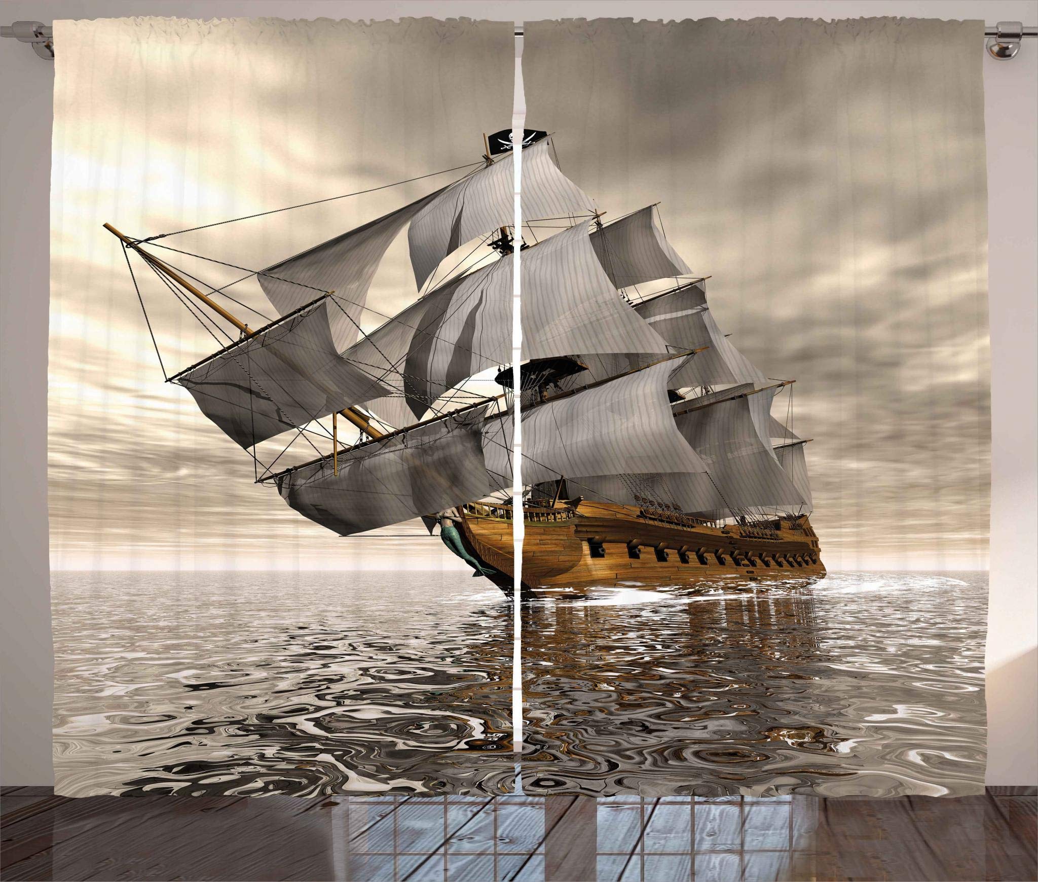 Ambesonne Ocean Curtains, 3D Style Pirate Ship Sea Historic Vessel Cloudy Sky Voyage Exploration Theme, Living Room Bedroom Window Drapes 2 Panel Set, 108" X 63", Coffee Grey
