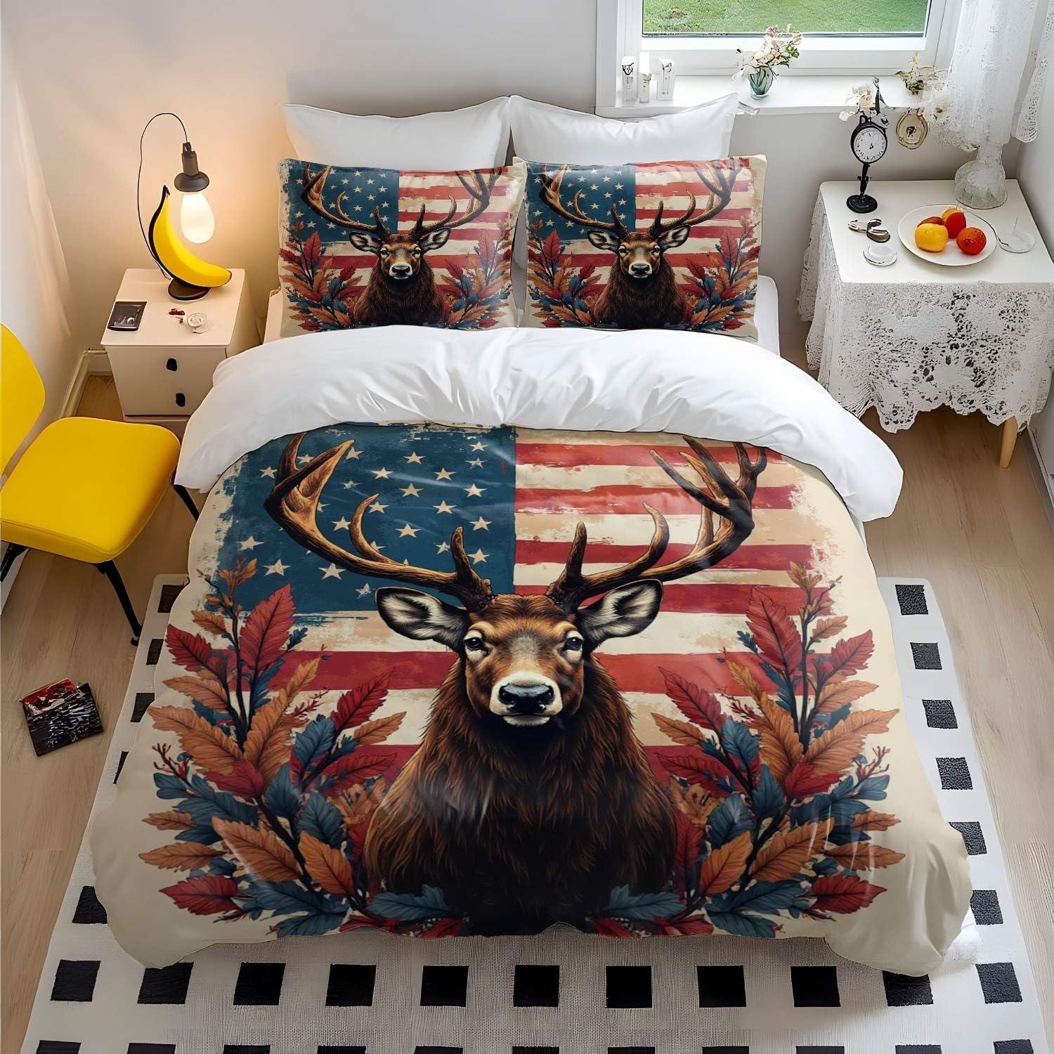 Housse de couette cerf et feuilles d'automne pour réveiller la déco d'une chambre simple