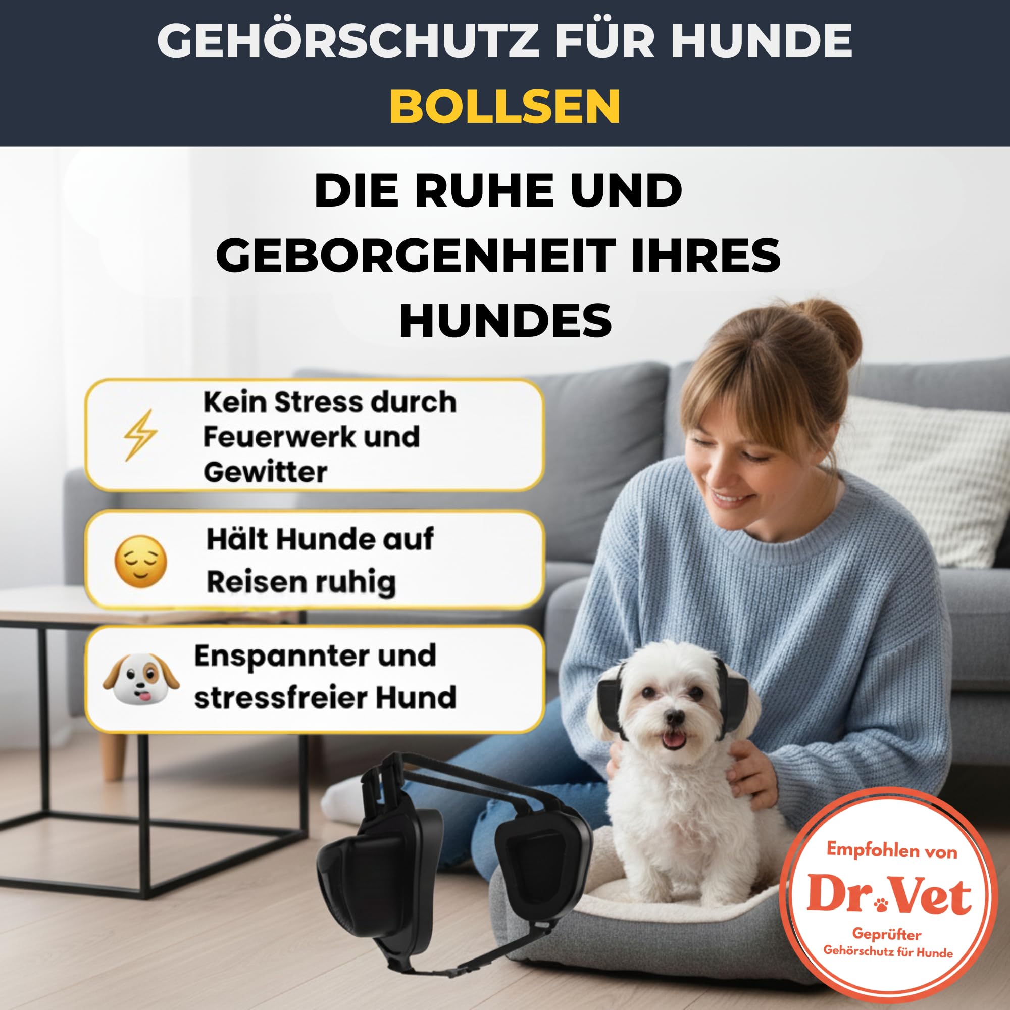 BOLLSEN Dog+ Gehörschutz für Hunde | Verstellbarer Ohrenschutz & Lärmschutz für alle Hunderassen, reduziert Geräusche um ca. 27 dB – ideal bei Silvester, Gewitter & Arbeit (M)