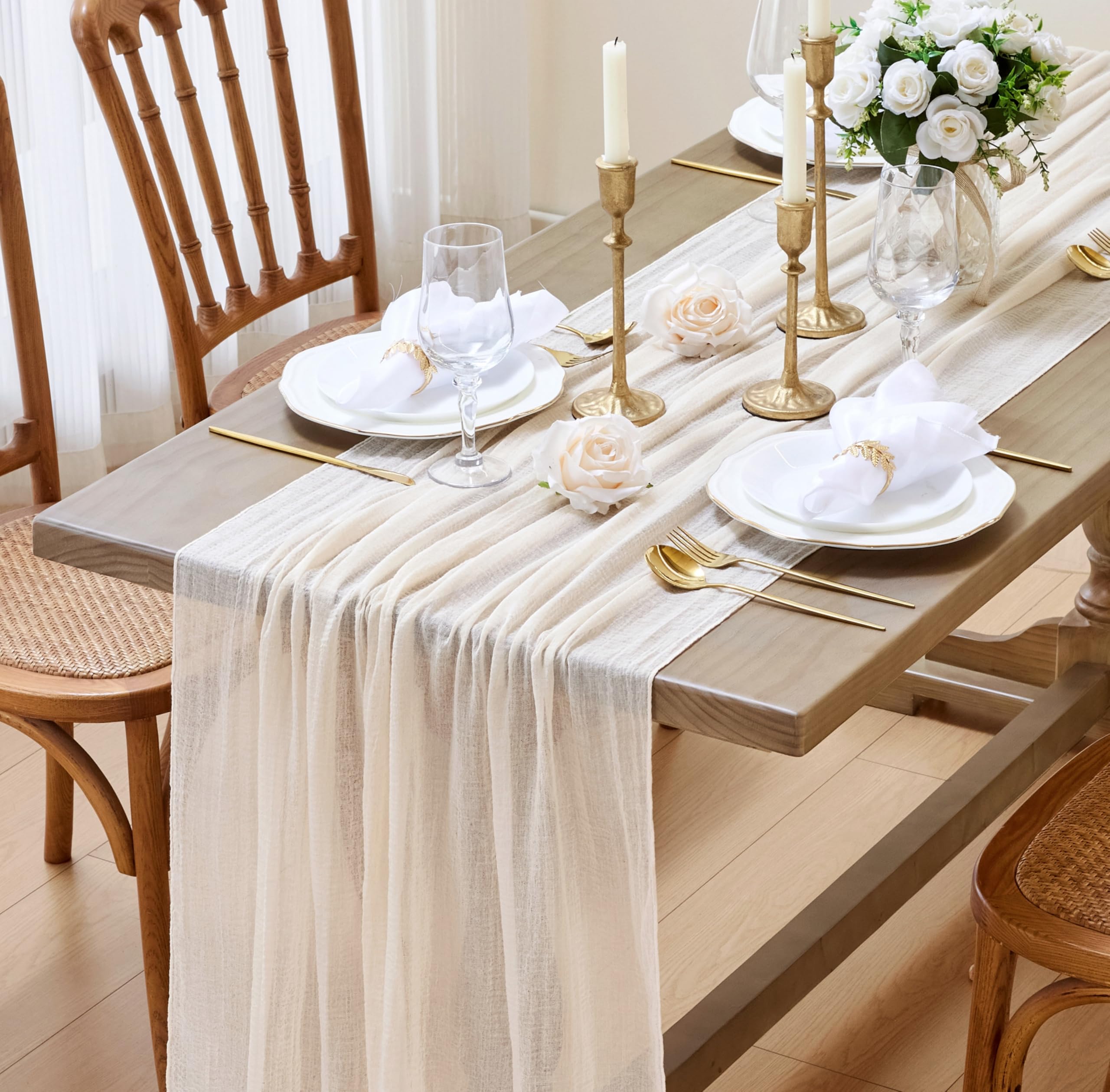 MAIBAOTA Cream Cheesecloth Table Runner 80 x 300cm Gauze Table Runner