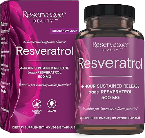 Reserveage Beauty, Resveratrol 500 mg, suplemento antioxidante para la salud cardíaca y celular, apoya el envejecimiento saludable y el sistema