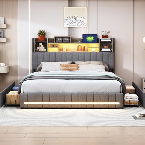 LIVLUX Lit 140x200 avec Sommier LED et USB,Lit Double rembourré avec sommier à Lattes et 4 Tiroirs,Tete de lit avec Rangement,2 Personnes pour Adultes et Adolescents,Lin (Gris, 140 x 200 cm) - 8