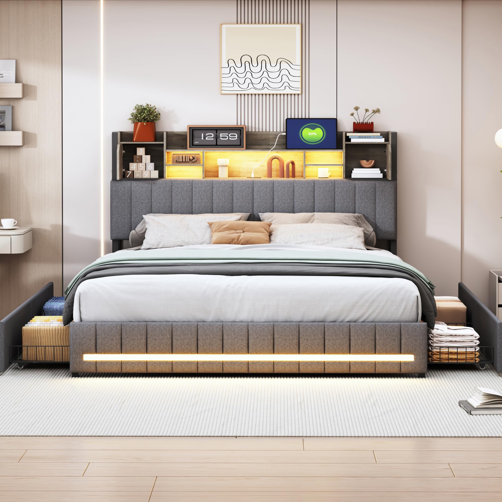 LIVLUX Letto 160 x 200 con Sommier LED e USB, Letto Matrimoniale Imbottito con Sommier a Doghe e 4 Cassetti, Testiera con Spazio di Archiviazione, 2 Posti per Adulti e Adolescenti, Lino (Grigio, 160 x