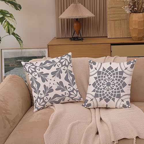 Miniatura 8 de Juego de 4 fundas de almohada decorativas con diseño geométrico de flores grises de 18 x 18 pulgadas, fundas cuadradas para sofá, patio, sofá,