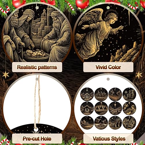 Miniatura 3 de Soaoo 36 adornos de pesebre a granel para árbol de Navidad, adornos de escena de madera a granel, decoraciones redondas para colgar en el árbol de