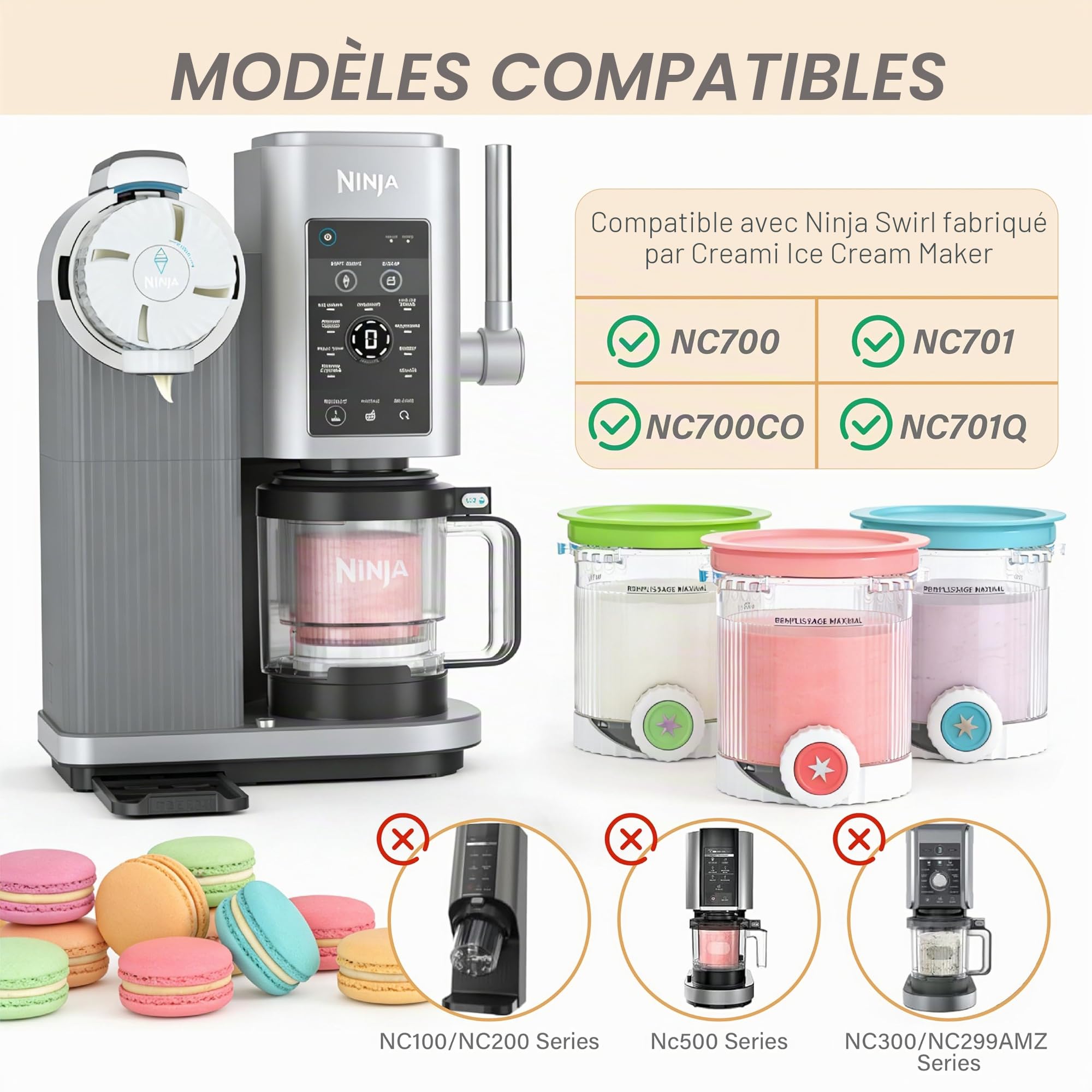 4 Pots à Glace Compatibles Ninja Creami NC700 NC701, 480 ml | Couvercles hermétiques anti-fuite, sans BPA et lave-vaisselle, idéal pour glace maison et préparation à l'avance