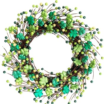ST Patricks Day Green Glitter Leaves Wreath, Spring Holiday Party Shamrock Clover Leaf Wreath for Front Door, Green Decoration for Inside and Outside Use