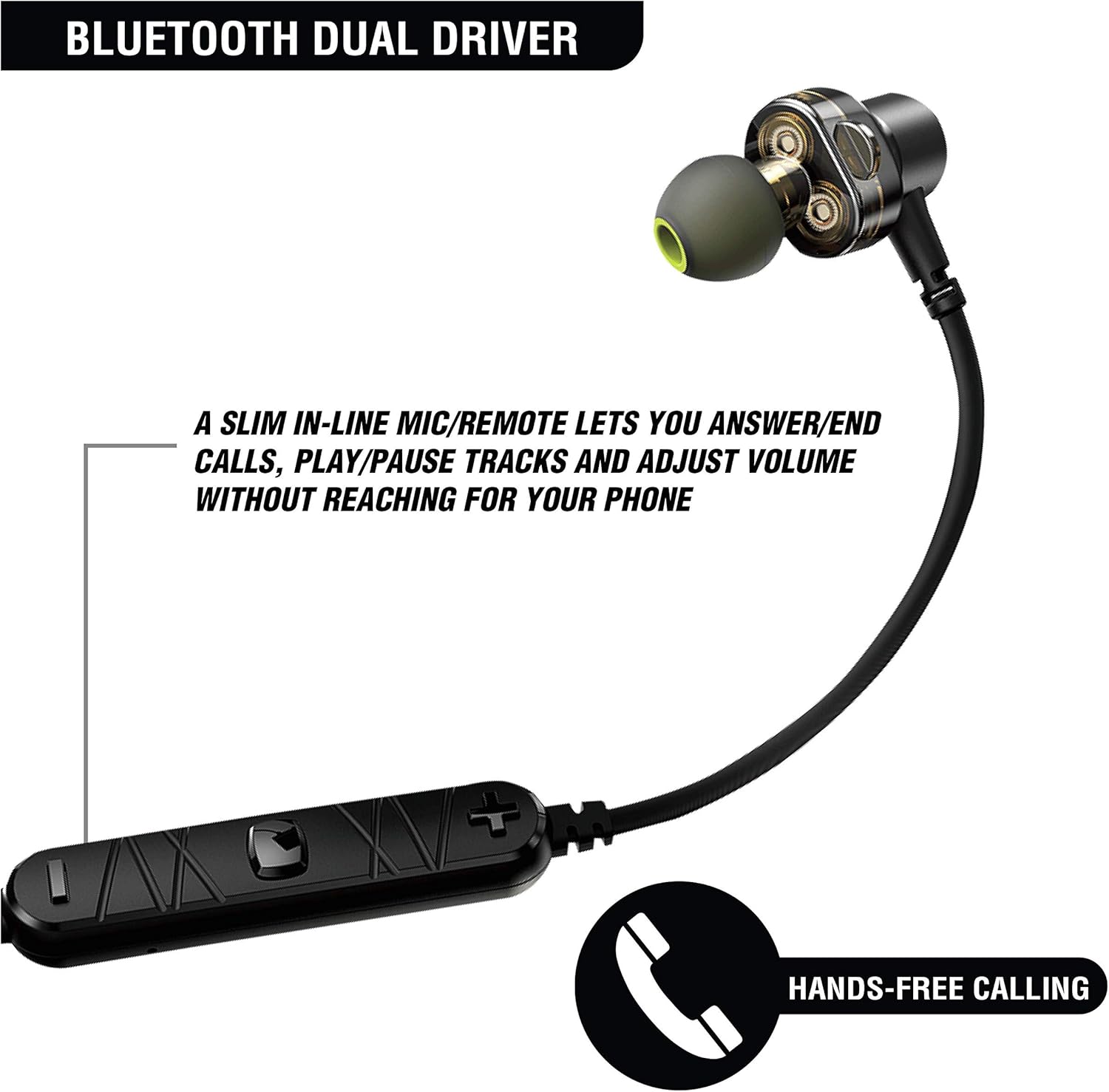 In-line remote control with buttons for volume, track control, and call management.