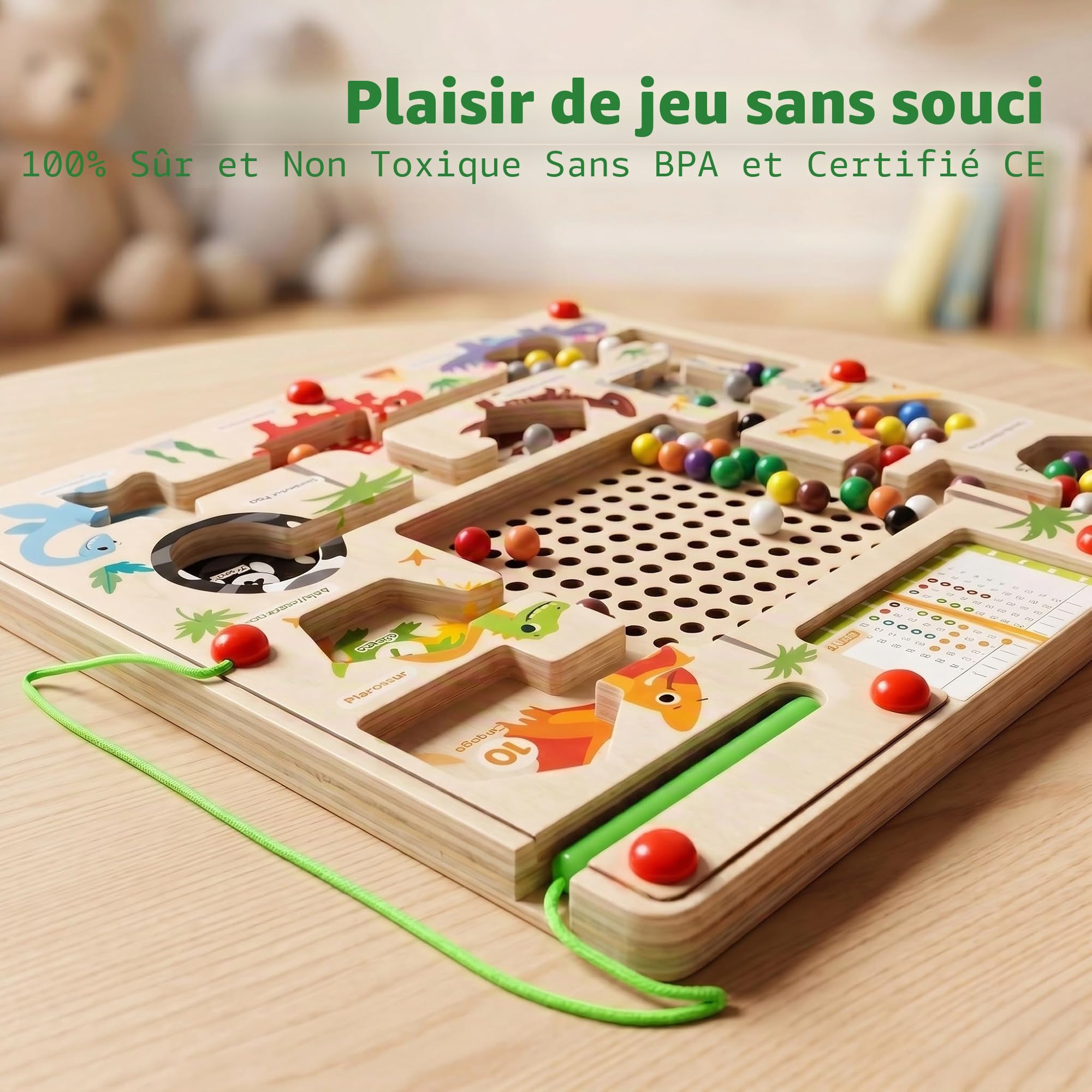 Labyrinthe Magnétique en Bois Dinosaure, Jouet Montessori Éducatif pour Apprendre Chiffres et Couleurs, Jeu de Motricité Fine avec Stylos et Cartes, Cadeau Enfant 3 4 5 6 Ans