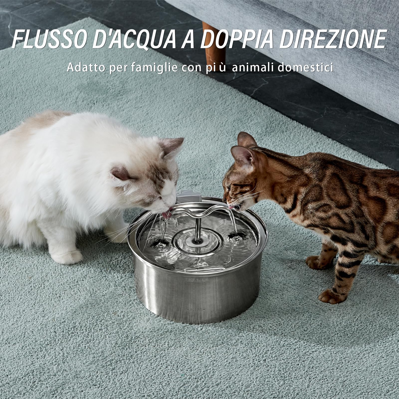 DOOOB Fontanella per Gatti, 3.2L Fontana per Gatti, Automatico Fontanella Gatto Acciaio con Pompa Ultra Silenziosa, Fontana per gatti acciaio inox con 1 Filtro e 1 Spugna