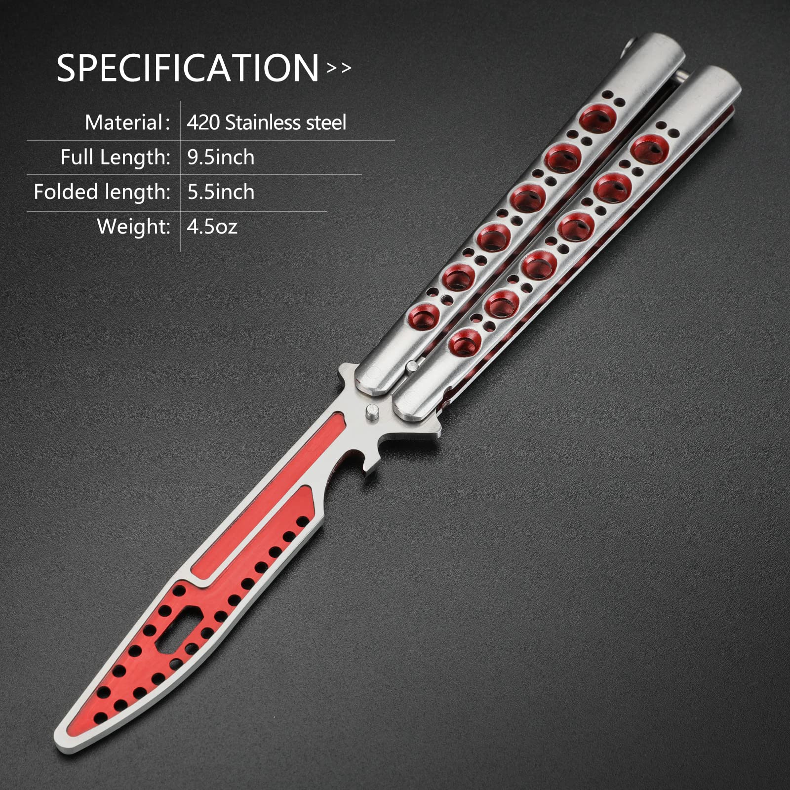 MARCOLO Practice Butterfly Trainer Full Stainless Steel Dull Balisong Trainer Unsharpened Butterfly Trainer Comb for CS GO Training Multifunctional Tool with Hexagon Wrench Bottle Opener Red