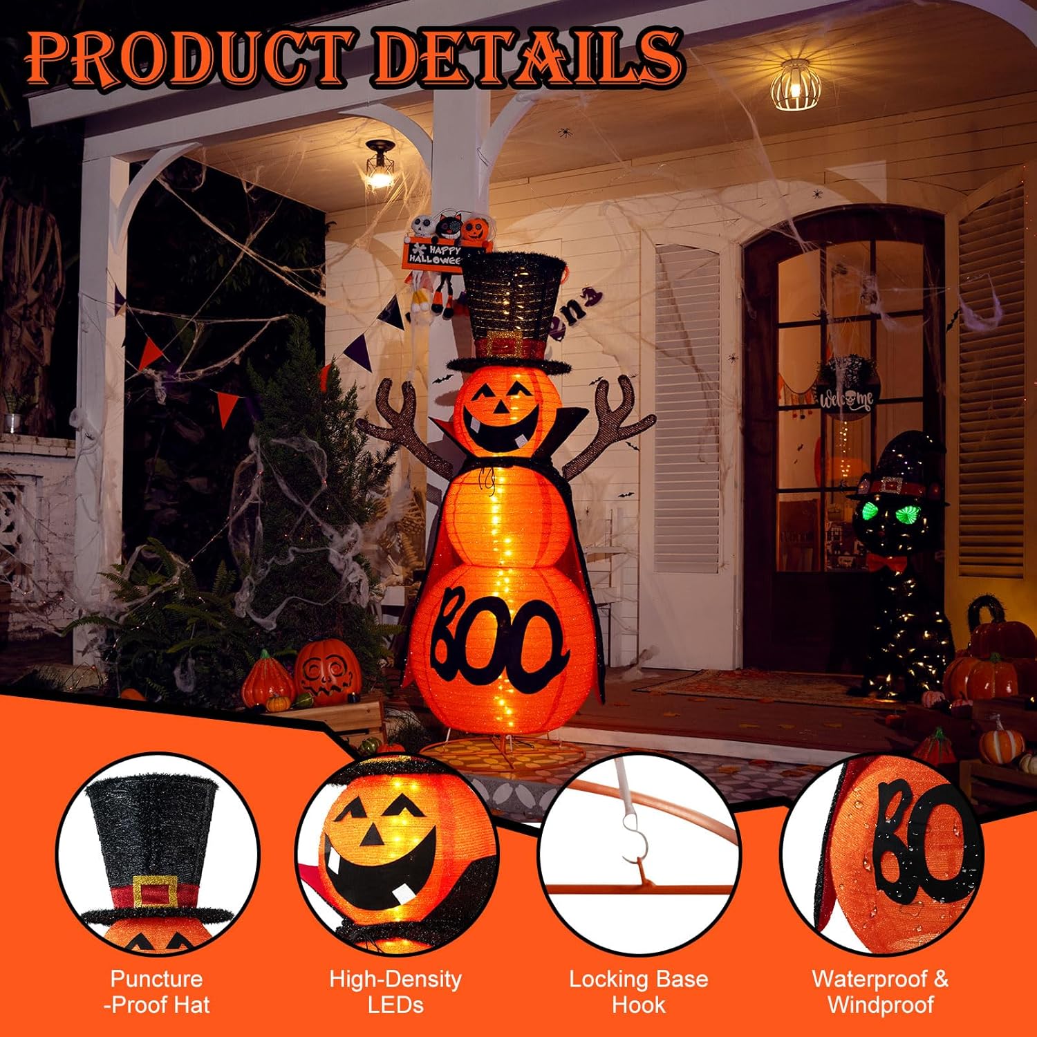 5FT Halloween Pumpkin Decorations Outdoor, 90 LED Pre-Lit Pop-Up Halloween Pumpkin Giant Collapsible Jack-o'-Lantern Cute Pumpkin Decor with Cloak & Magic Hat for Outdoor, Yard, Porch