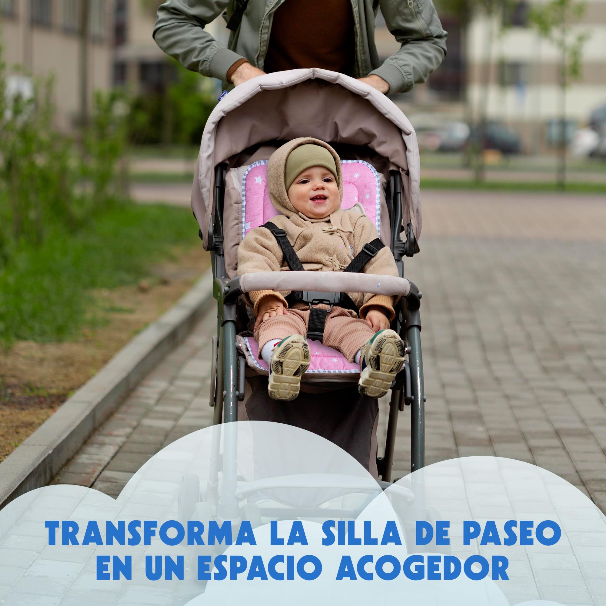 Colchoneta silla paseo universal | Reversible (2 en 1) | Transpirable | Todo el Año | Lavable | Acolchado Mayor Comodidad del Bebé. Compatible mayoría marcas. Fabricado en España (Rosa)