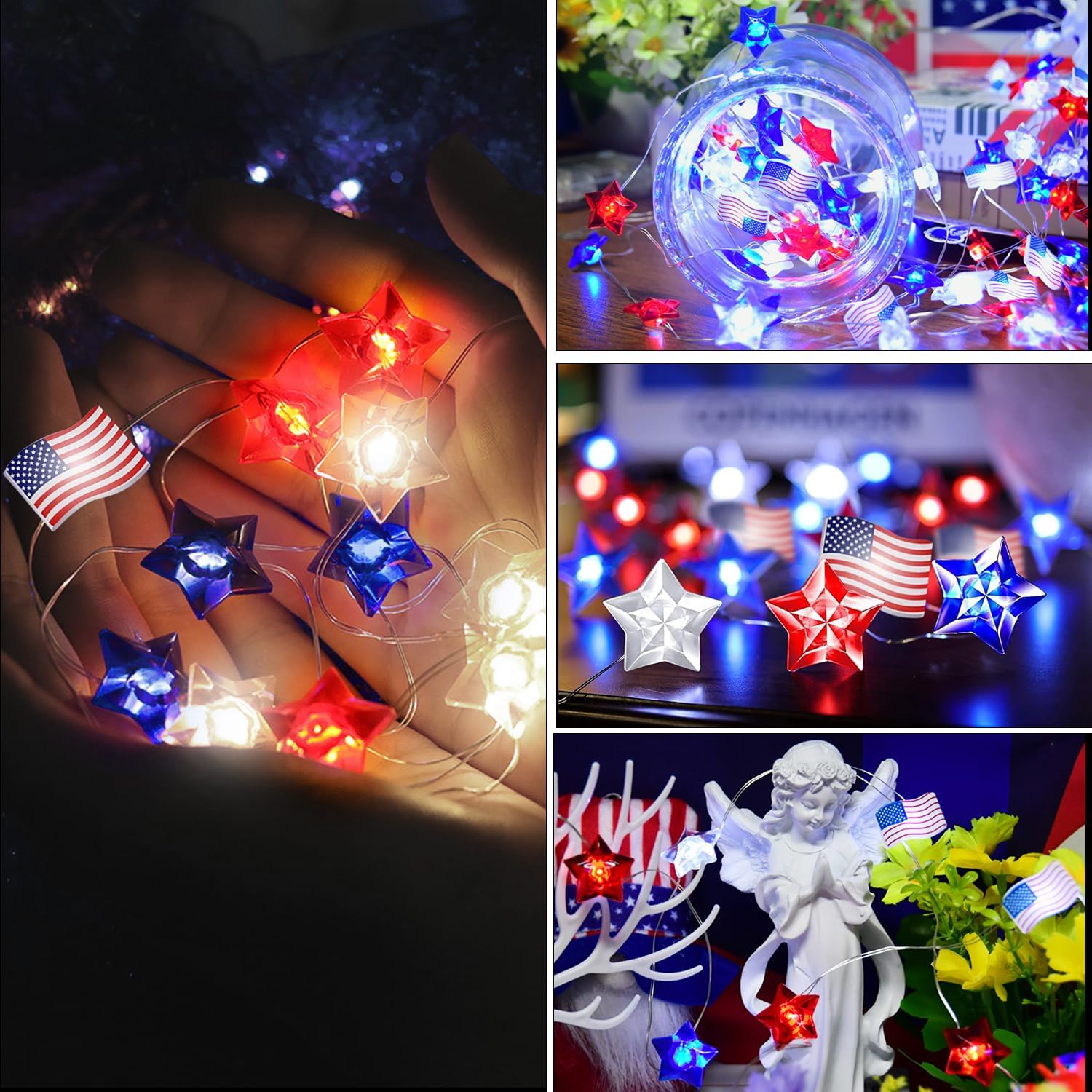 PASUTO 2 Pcs 100 LED 4th of July Decorations American Flag & Star Fairy Lights Battery Operated, 34Ft Mini Red White and Blue Lights Remote Timer with 8 Modes for Home Memorial Day Patriotic Decor