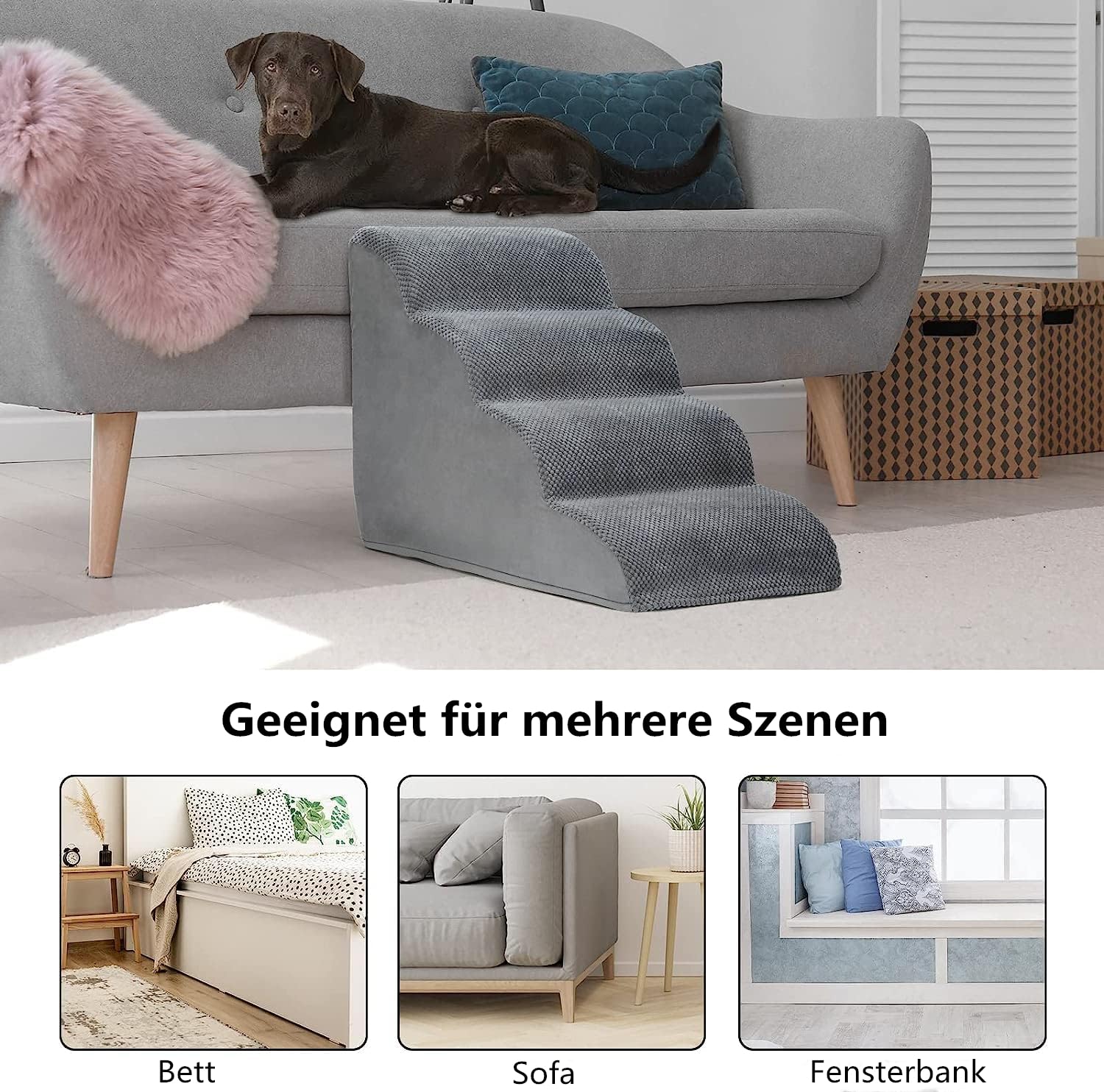 LIANTRAL Scaletta per Cani 4 Gradini, Scale per Cani in Spugna per Divano Letto, Scala Antiscivolo per Animali Domestici con Coperchio Rimovibile e rullo per la rimozione dei peli di animali, Grigio