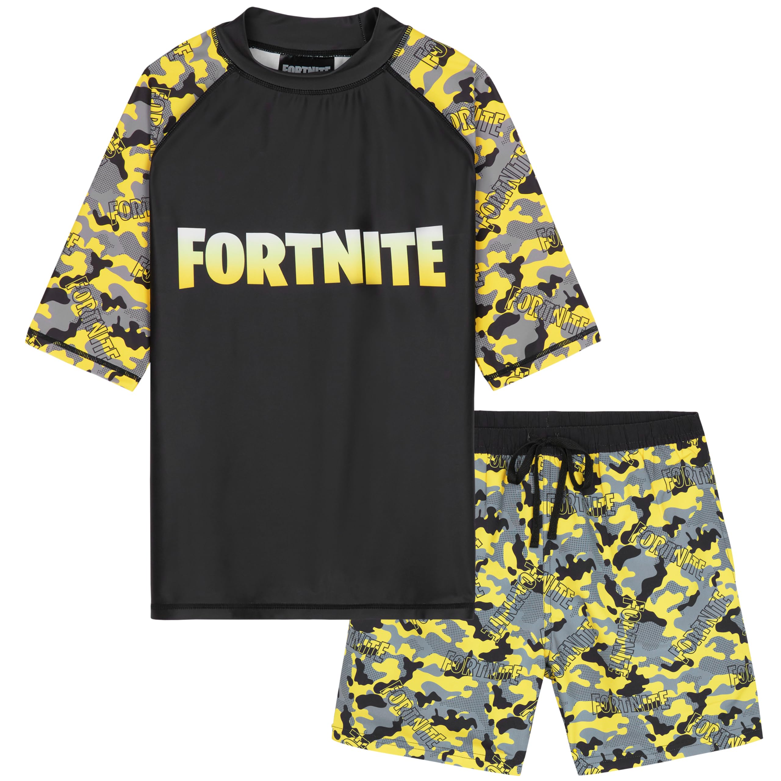 Get Trend Fortnite Swimsuit Set for Boys Teenagers 2 Pcs with Swimming Trunks Boys Gamer Rash Vest for Swimming Beach Trip Holiday Essentials (13 Years, Yellow Fortnite)