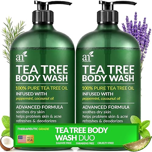 Artnaturals Antibacterial Tea Tree Oil Body Wash For Men & Women Remedy Soap Extra Strength - Helps Treat Acne, Athletes foot, Eczema, Toenail Fungus & Jock Itch & Ringworm (16 Fl Oz (Pack of 2)