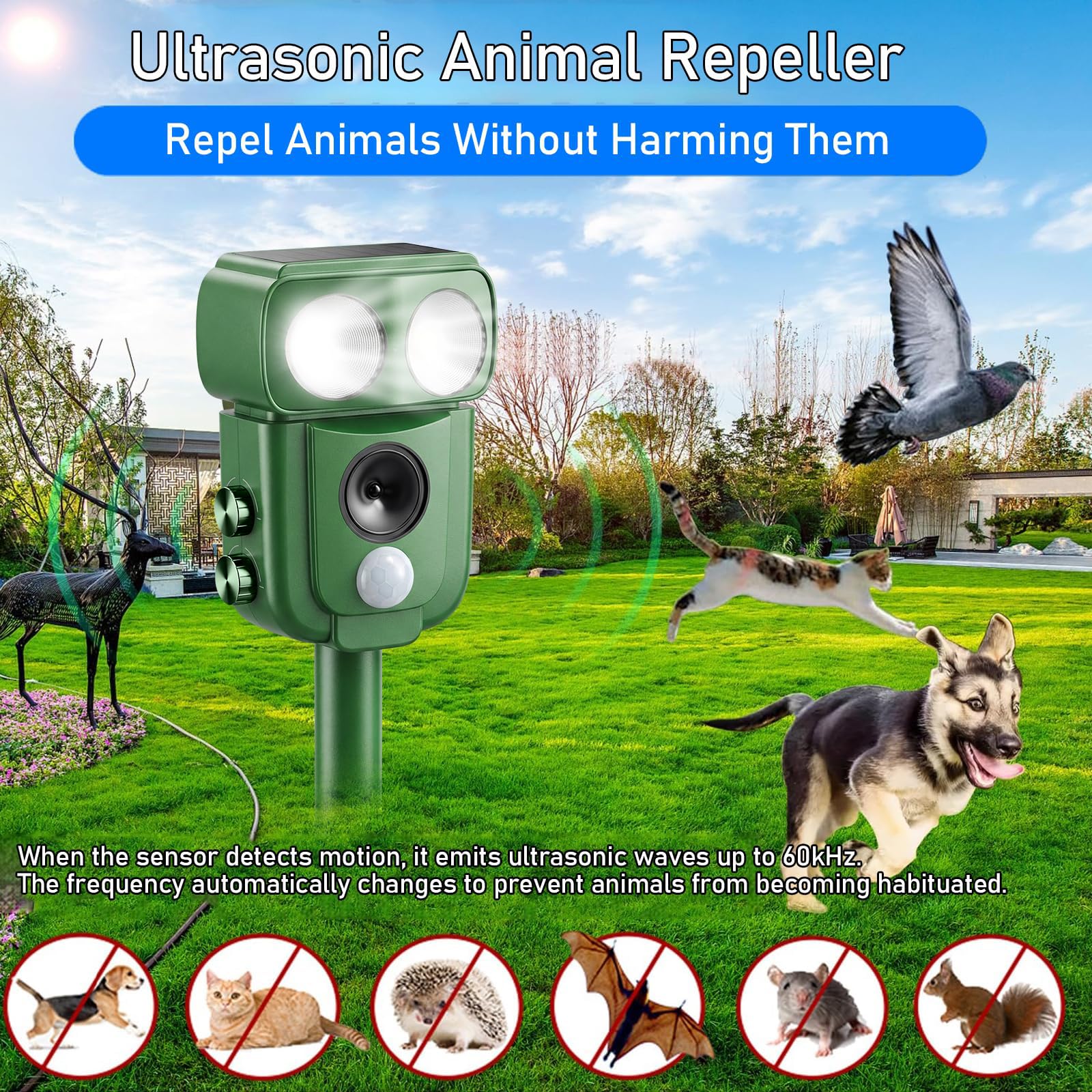 EMS Repelente de Gatos, Repelente ultrasónico de energía Solar IP66 Impermeable de frecuencia Ajustable para alejar a los Animales, 5 Modos Ajustable, Repelente ultrasónico de Animales
