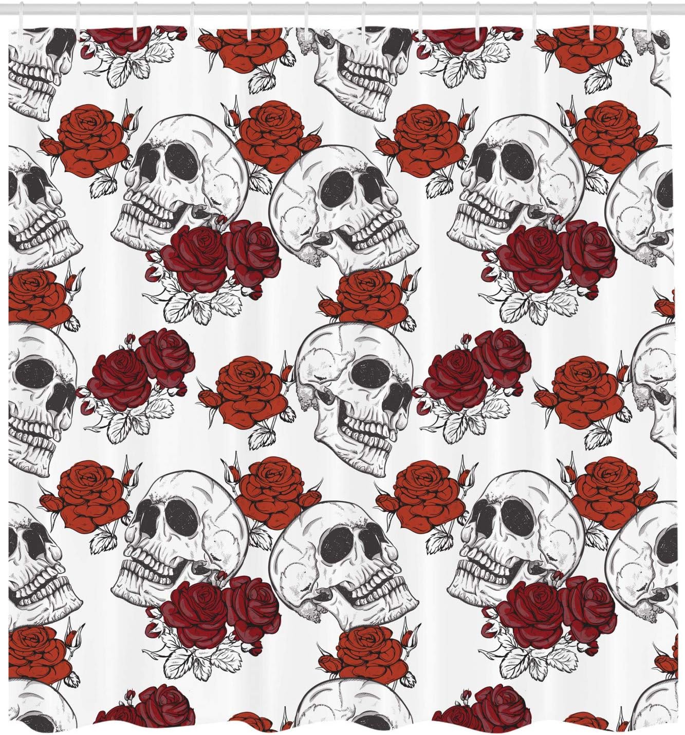 Ambesonne Skull Shower Curtain, Retro Gothic Dead Head Skeleton with Roses Halloween Theme Spooky Trippy Romantic, Cloth Fabric Bathroom Decor Set with Hooks, 69" W x 70" L, Grey