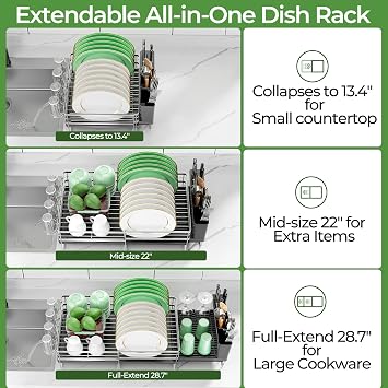Large Dish Drying Rack, Expandable Dish Rack, Stainless Steel Anti-Rust Dish Racks for Kitchen Counter, Multifunctional Dish Drainer with Utensil Holder & Cup Holder, 13.4-28.7 L x 11.8 W