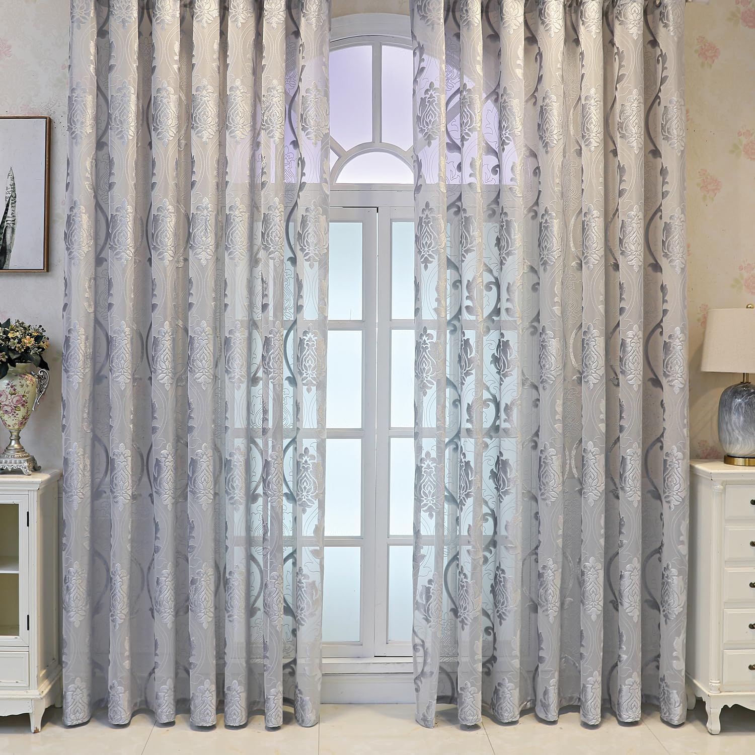 VOGOL Classic Grey Damask Sheer Curtains, Vintage Inspired Floral Voile Curtain Panels for Living Room, Light Filtering Rod Pocket Drapes for Bay Window, 2 Packs, 52 x 96 — image 1