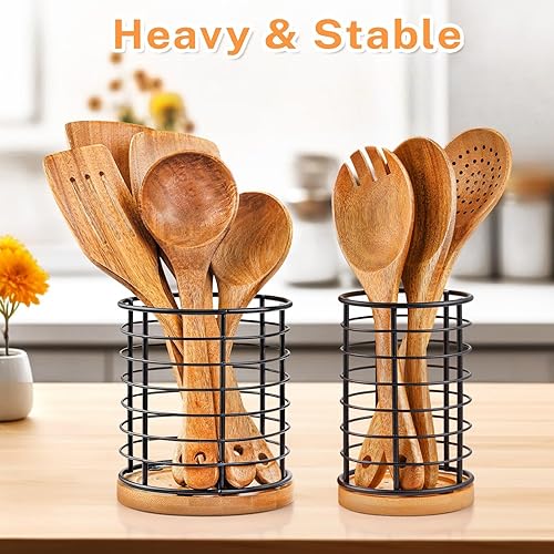 Miniatura 4 de 2 soportes para utensilios de cocina, de 5.1 x 5.1 x 5.8 pulgadas y 3.7 x 3.7 x 5.8 pulgadas, ganchos negros de metal con base de madera, fáciles de