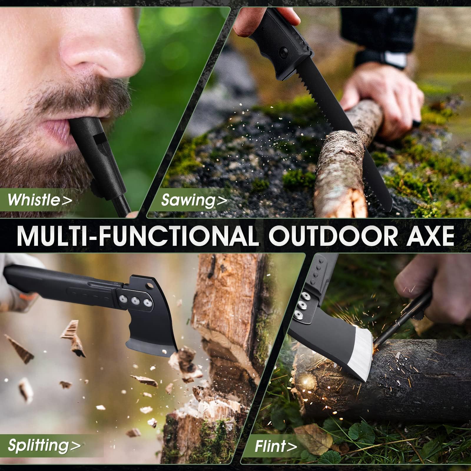Freelander Scharfe Axt 5-in-1 mit Säge, Camping Beil mit Scheide und Pfeife, 34CM Camping Axt, Spaltaxt Outdoor, für Camping Wandern Survival, Schwarz