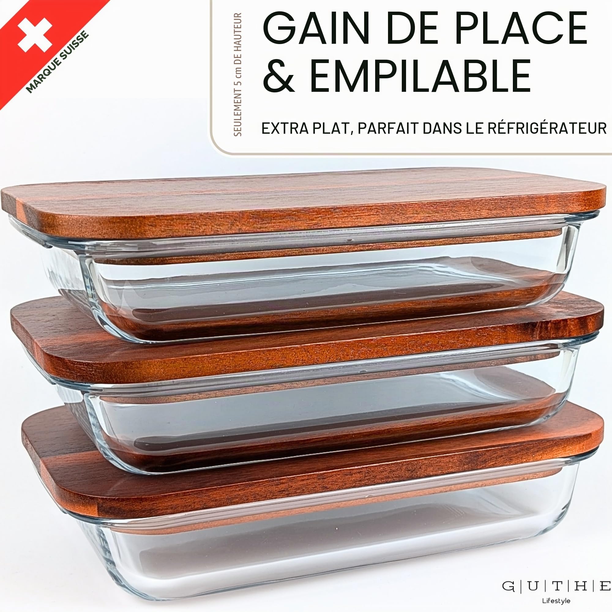 GUTHE Lifestyle Lot de 3 boîtes à charcuterie en verre pour réfrigérateur, empilables, avec couvercle en acacia, plat à gratin et rangement de saucisses et fromage