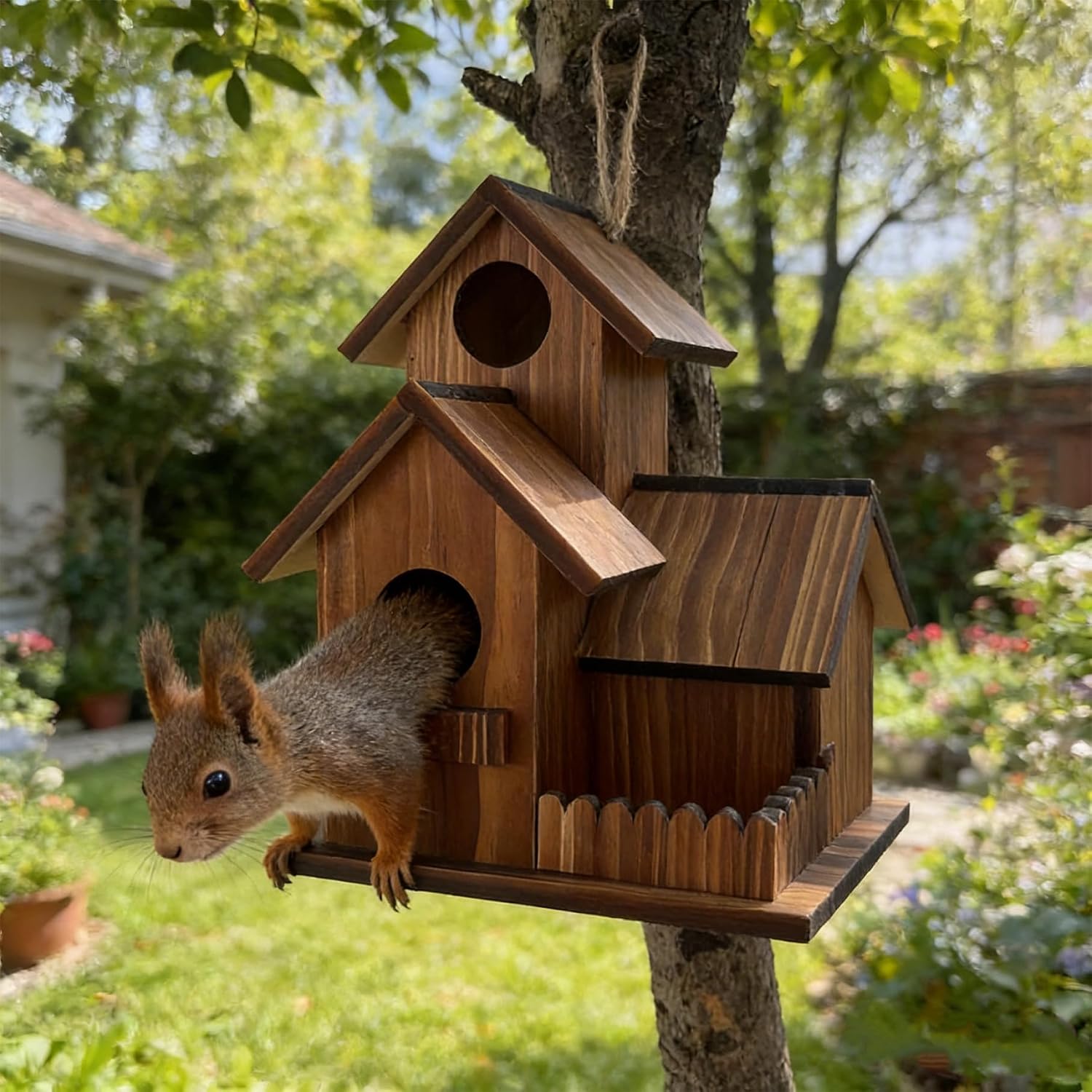 Chipmunk Feeder, Squirrels Feeders for Outdoors - Wooden Burnt Wood Color Squirrels Feeder with Flexible Roof, Chipmunk for Garden, Backyard and Tree Mounting, Feeders