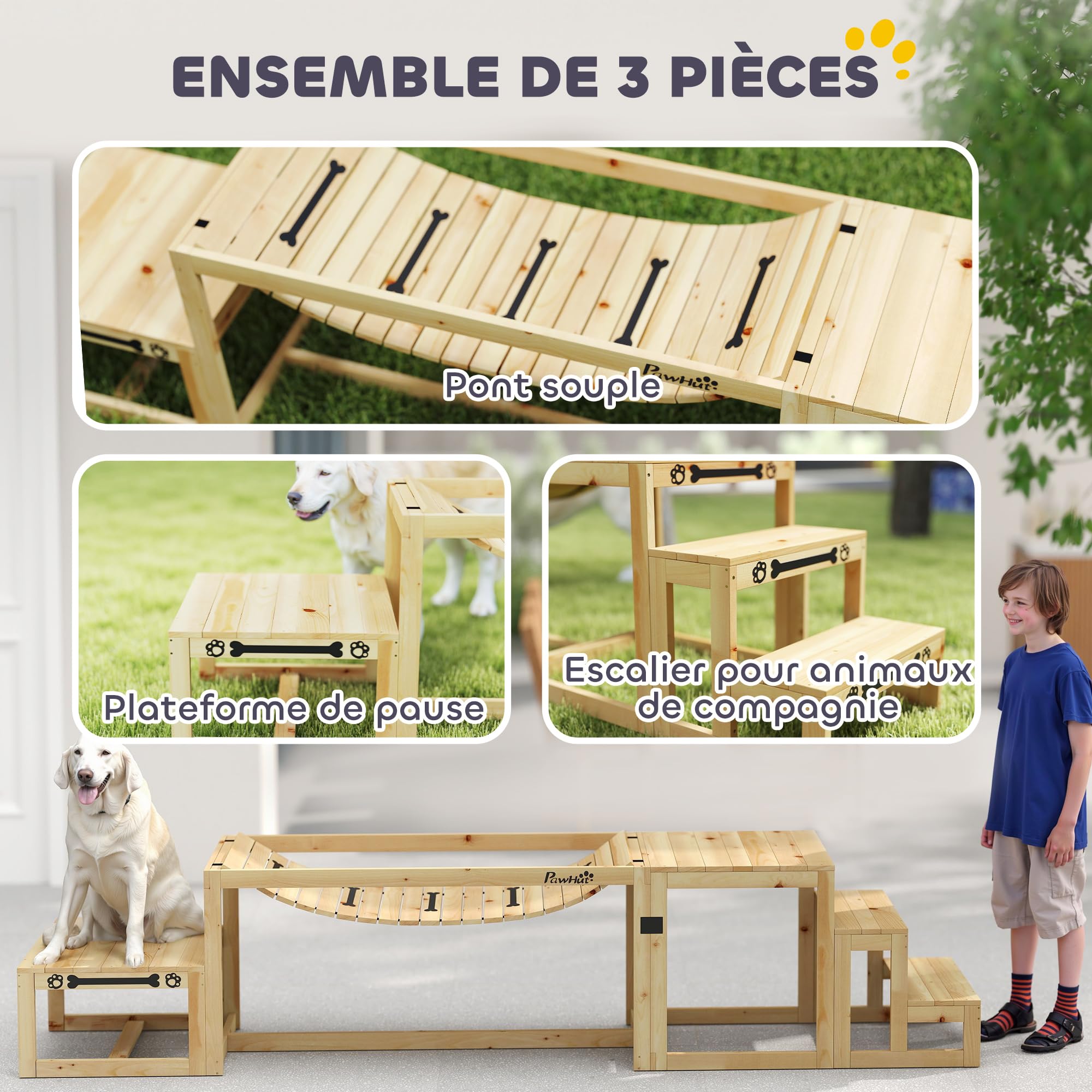 PawHut Attrezzatura Agilità Cani 3 Pezzi Set Legno Naturale | Ponte Morbido, Piattaforma Pausa, Scala per Animali da Esterno