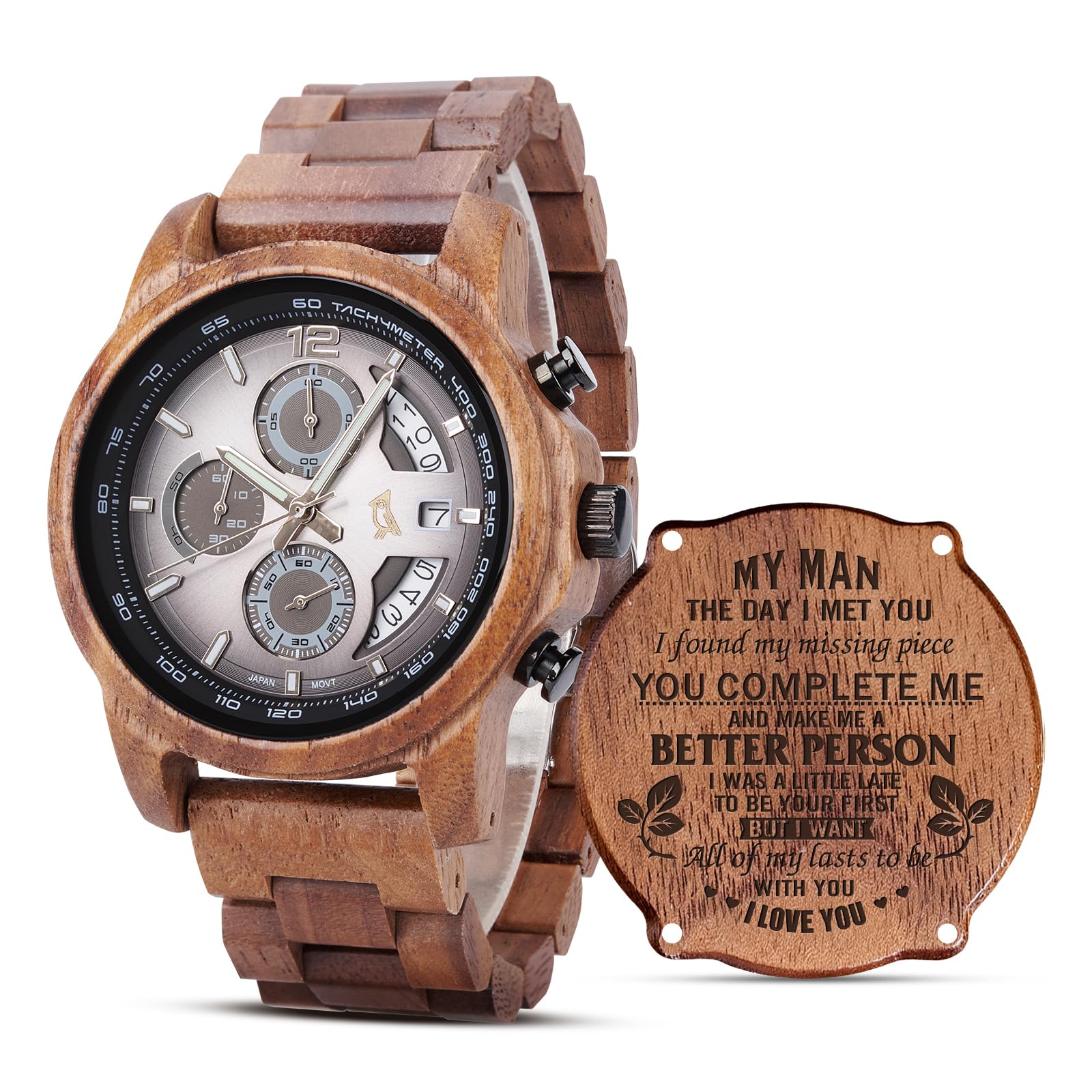 2win Reloj de madera personalizado para marido de parte de la esposa, reloj cronógrafo de nogal grabado personalizado para hombres con manecillas luminosas y pantalla de calendario, regalo de