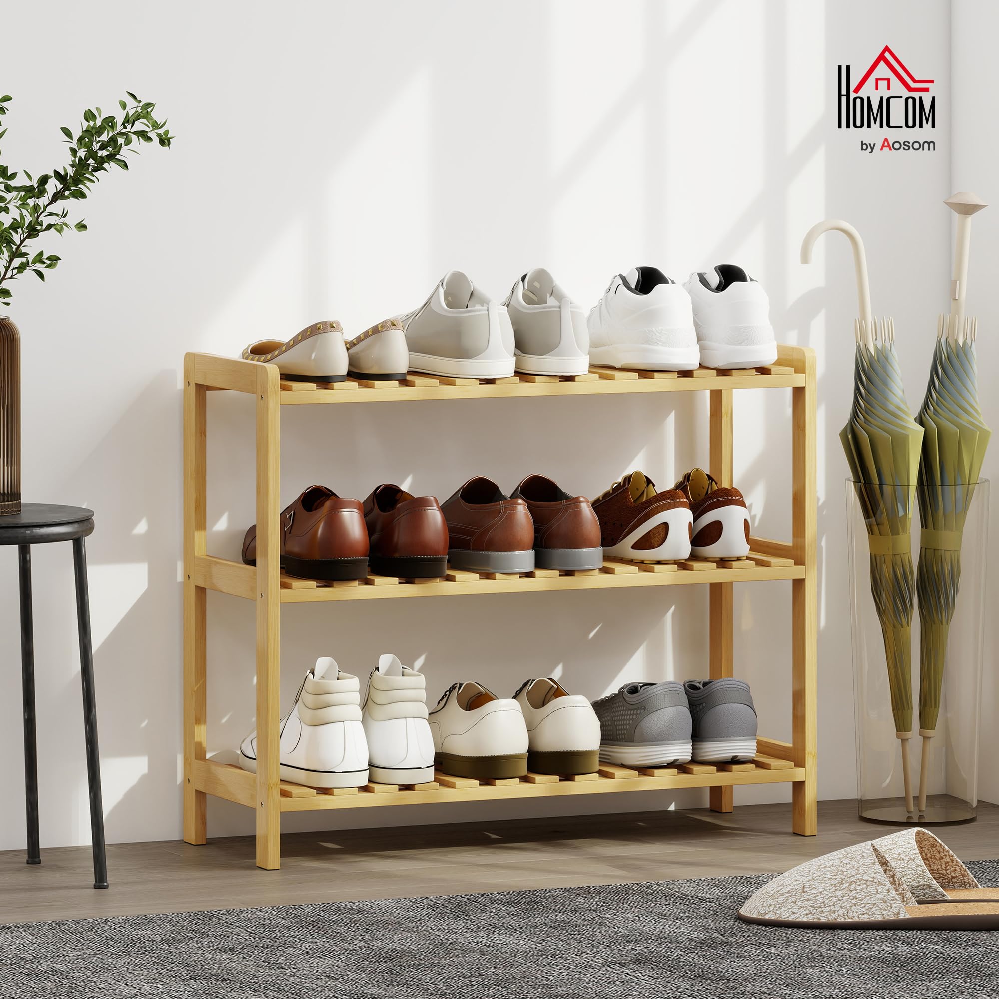HOMCOM Zapatero de 3 Niveles de Bambú para 9 Pares 70x26x57,5 cm Natural | Estantería de Zapatos, para Entrada, Pasillo, Dormitorio