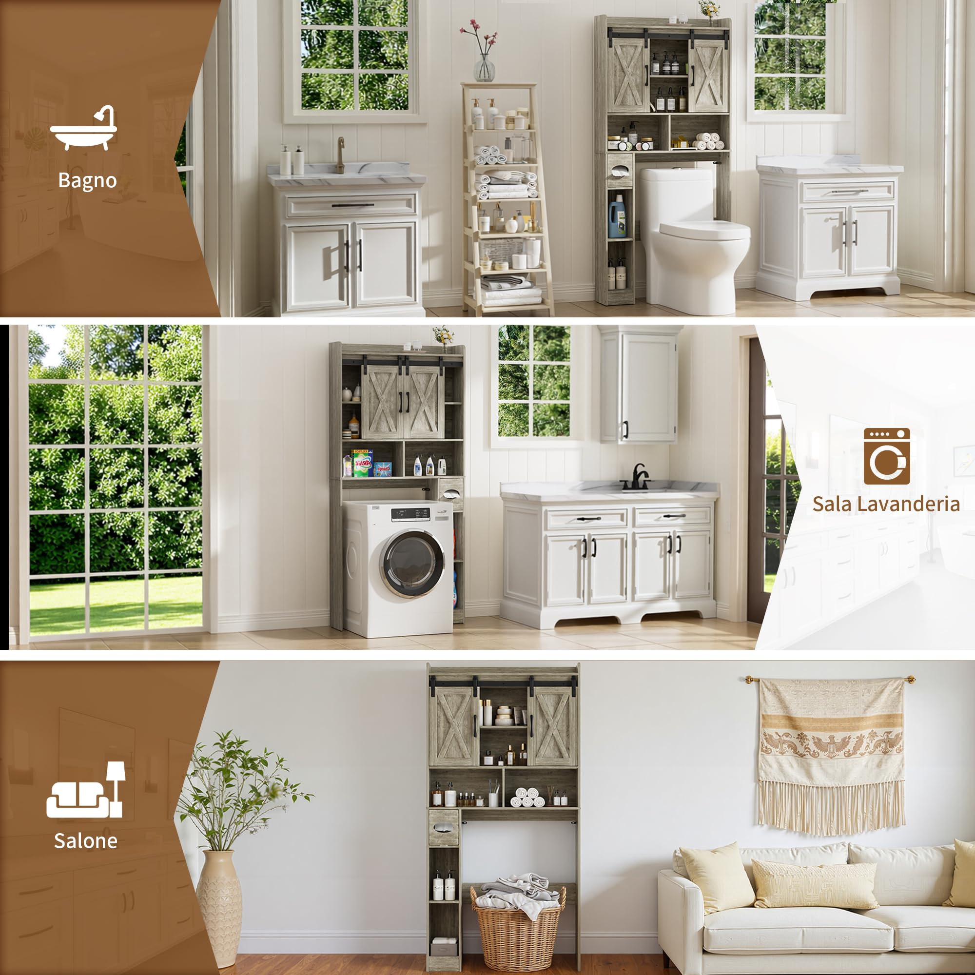 BonVache Armadio Lavatrice con 2 Porte Scorrevoli Ripiani Regolabili Lavatrice Mensola Lavatrice con Scomparto Laterale per Asciugamani Carta e 4 Scomparti Aperti Bagno WC Lavanderia Grigio