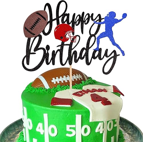 1 decoración de pastel de fútbol con purpurina, bola de rugby de feliz cumpleaños, decoración de pastel con temática deportiva para decoración de