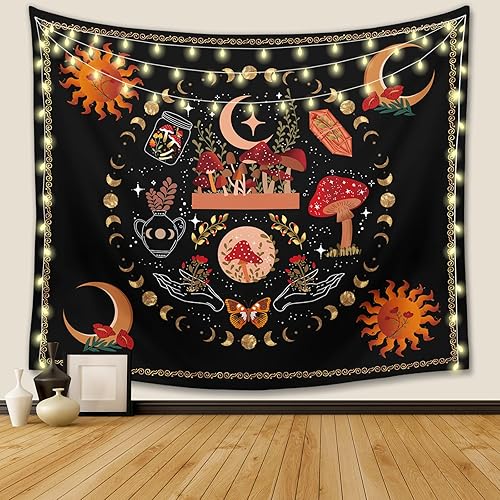 Ftuency Tapiz de flores de luz negra tapices de fase lunar planta estética bohemio colgante de pared para dormitorio hogar dormitorio fase lunar de
