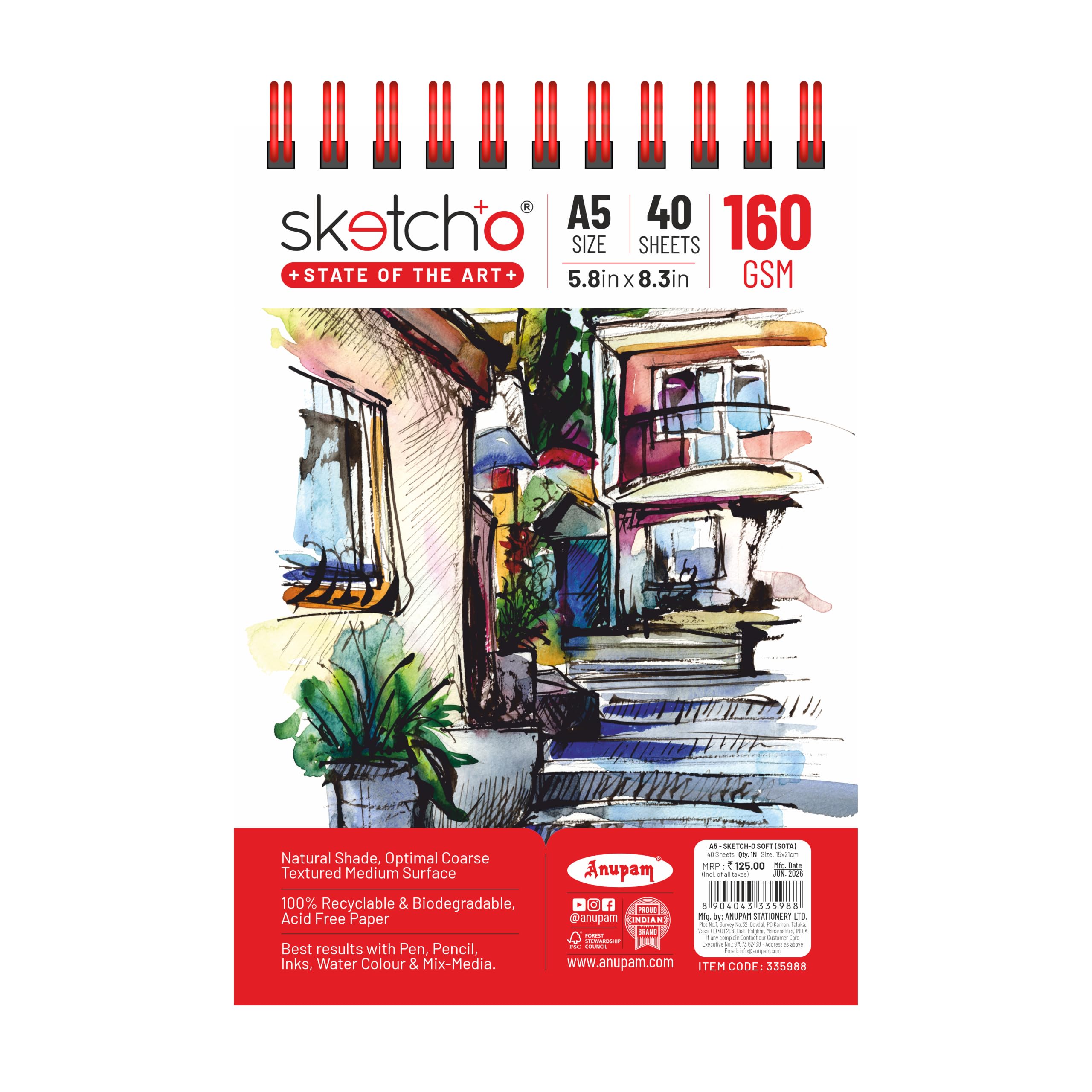 Anupam Sketch-O SOTA State of the Art Sketchbook | A5 | 160 GSM Acid-Free Drawing Paper | 40 Sheets | Top Spiral Bound | 180° Lay-Flat | All Media | Kids, Students & Professionals (Pack of 1)-image-14