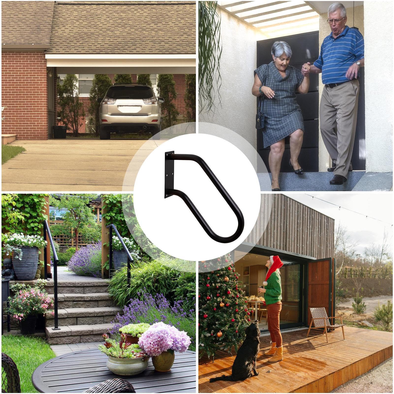 Main courante pour marches extérieures – Rampe de jardin murale pour 3 marches | Rampes noires pour jardin, terrasse, porche, cour pour personnes âgées, enfants, handicapés, blessés Teksome