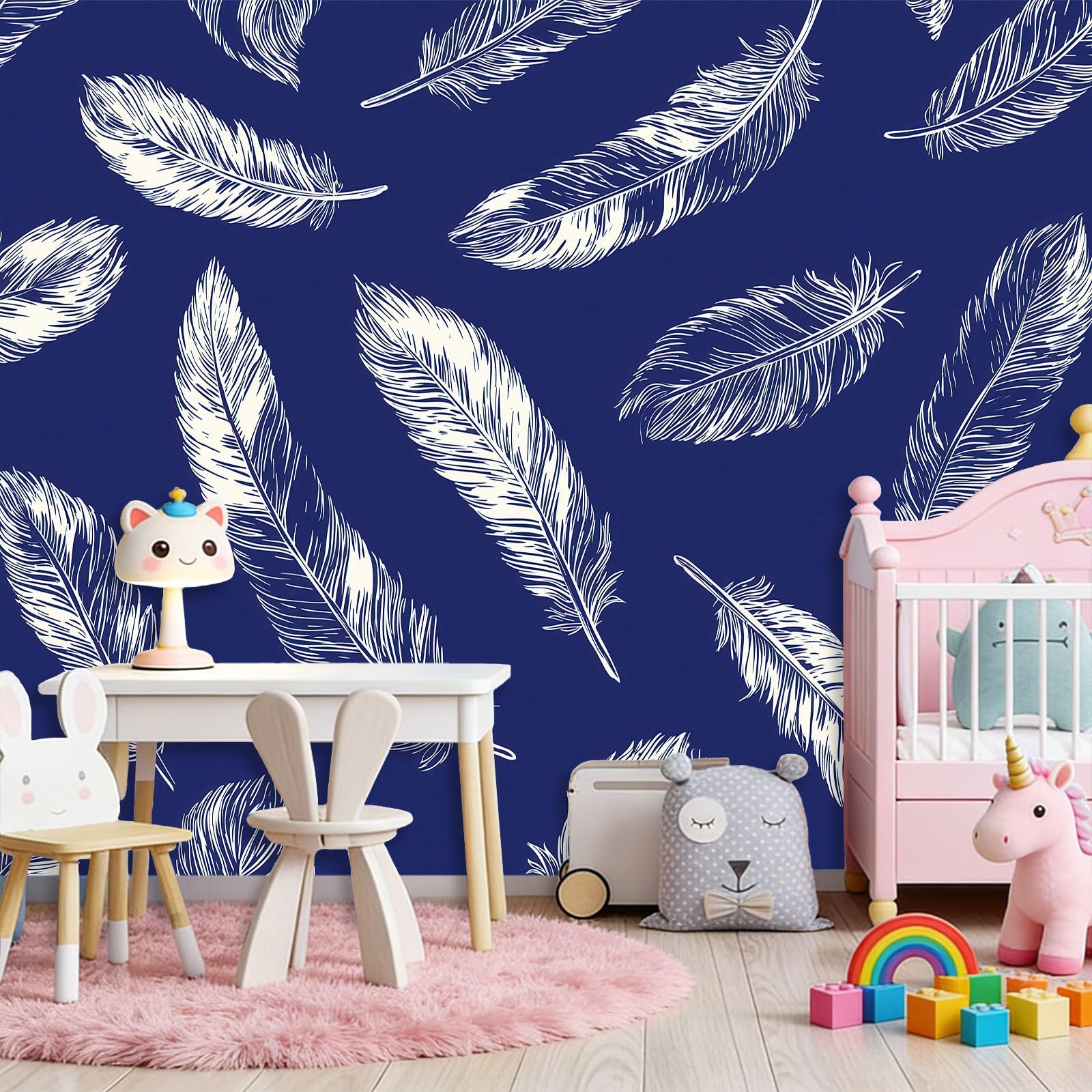 Fototapeta 300 x 210 cm ściany dekoracja salonu projekt minimalizm pióra tekstura do sypialni salonu tapeta z włókniny, granatowy biały