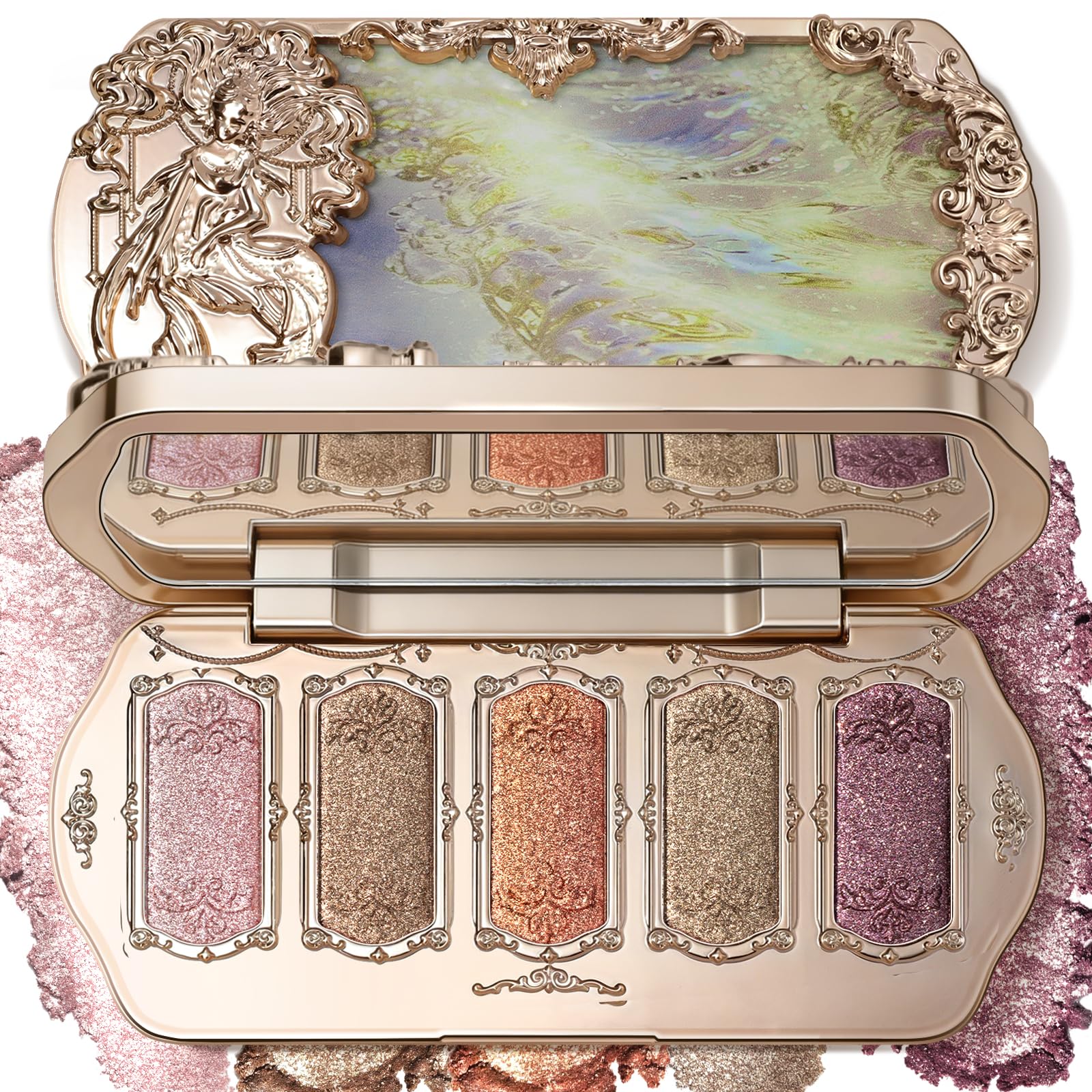 Noerrors Neutral Metallic Shimmer Eyeshadow Palette, Multi-Dimension Satin Glossy Finish, Pigmented Bright Sparkly Glitter Cream Eye Shadow for Older Women-Bronze Gold&Champagne Pink&Copper&Smoky Plum #05