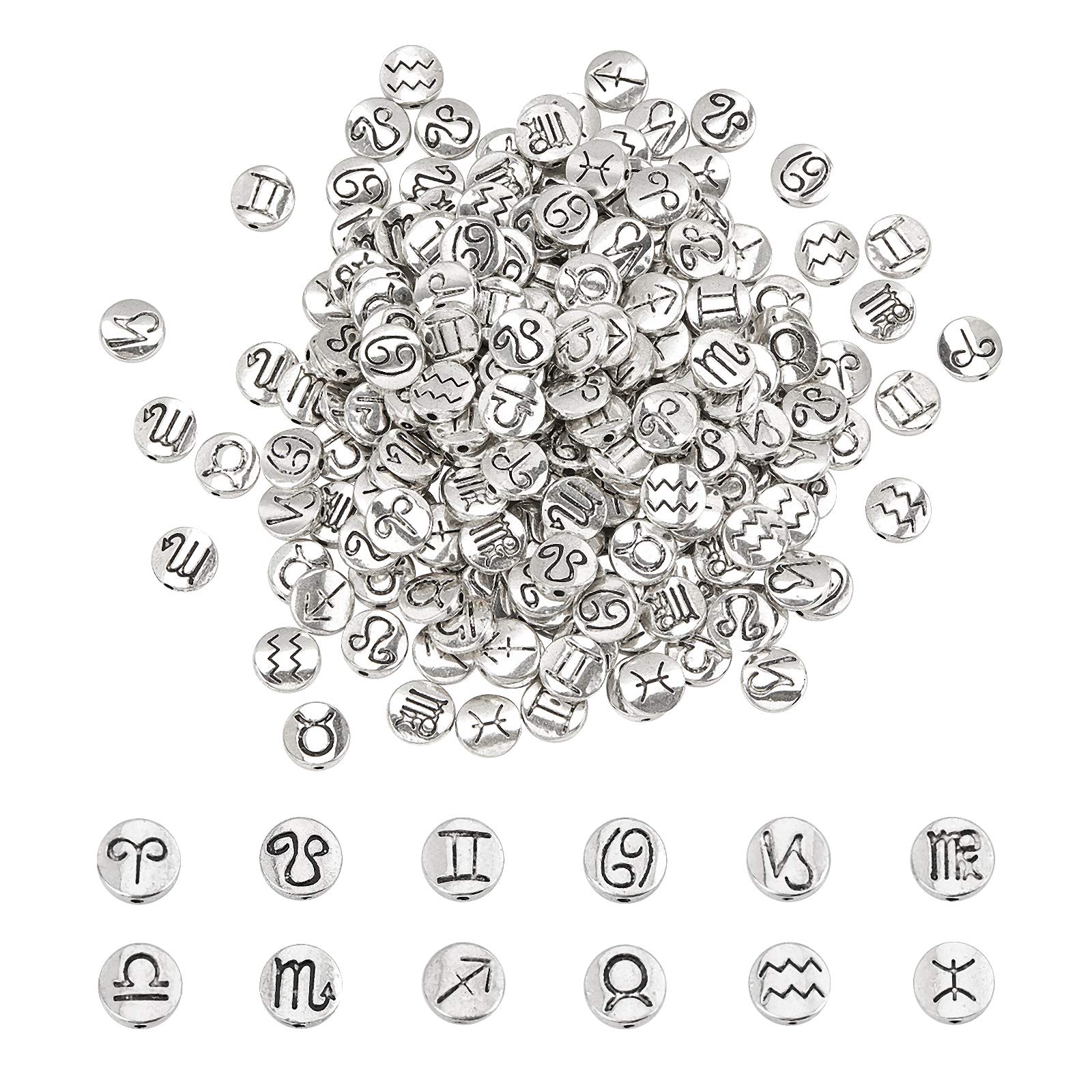 PH PandaHall 240 Perline Costellazioni 10mm In Lega Tibetana - 12 Segni Zodiacali Per Creazione Gioielli